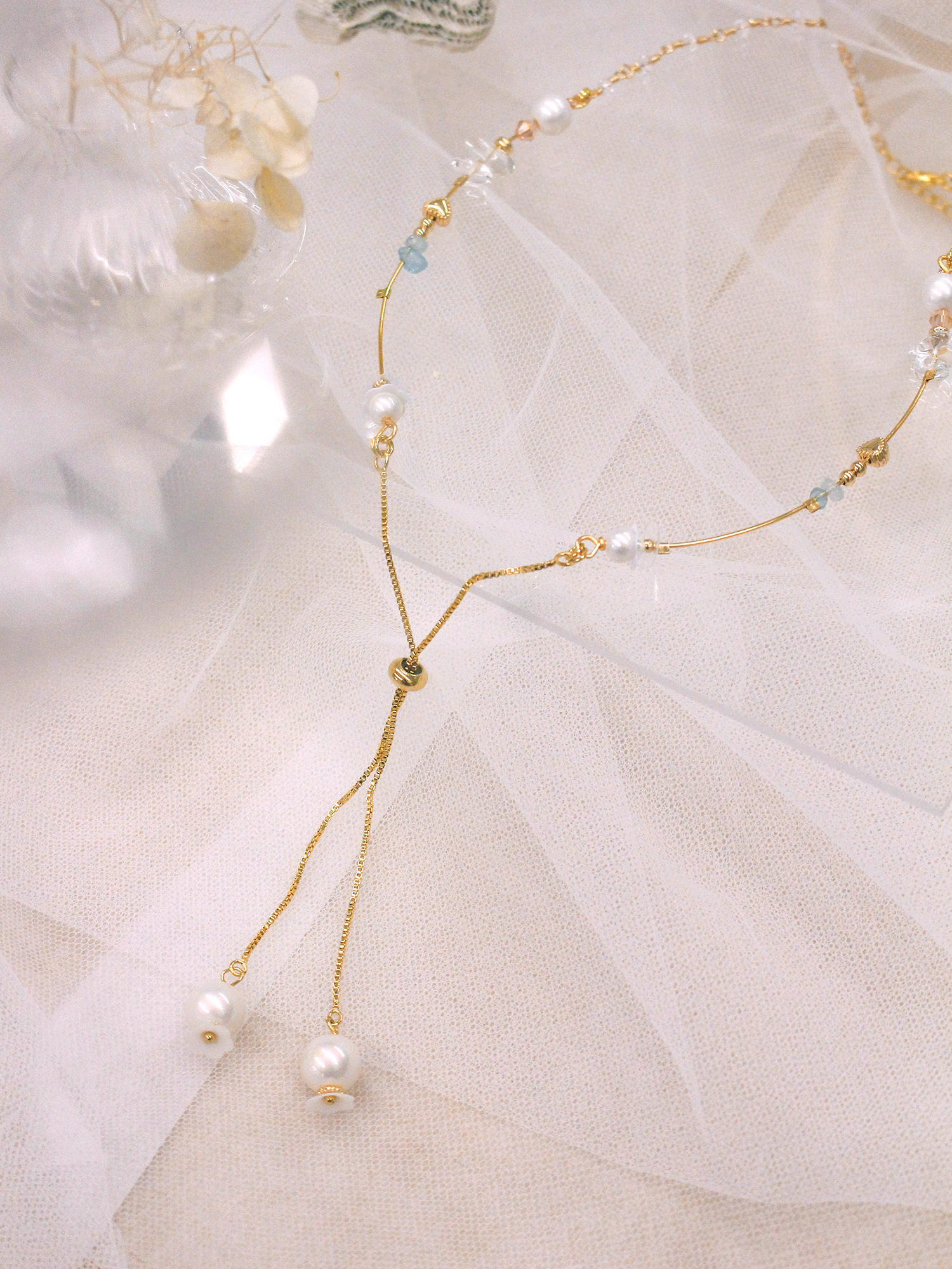 世界喜歡芮比。MUCHAT手作14KGP海藍寶水晶珠花項鍊