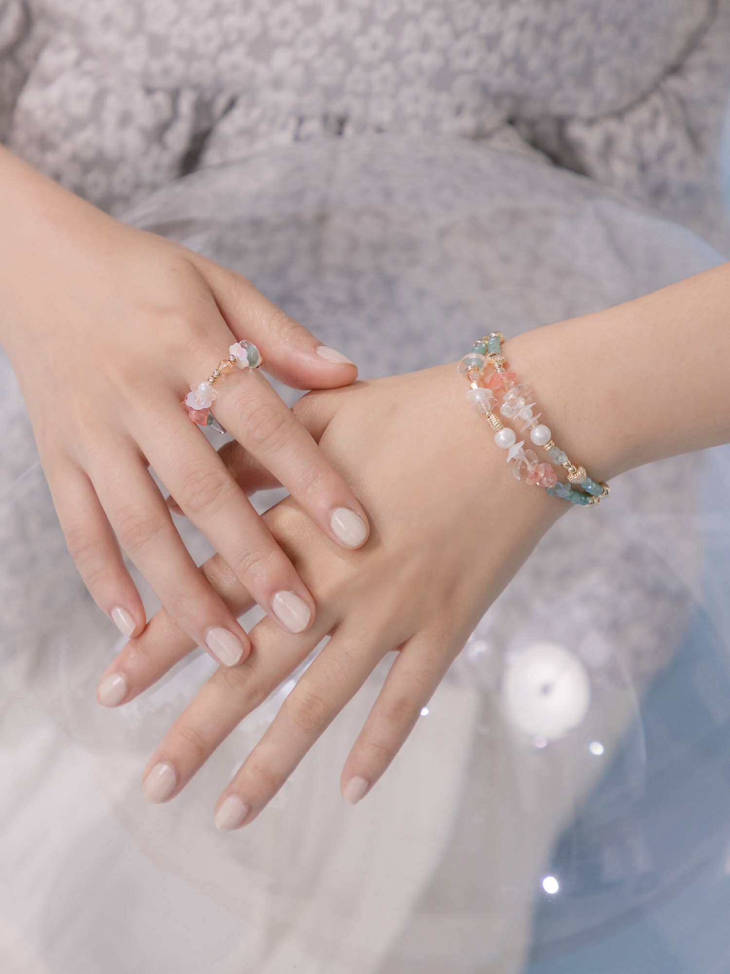 世界喜歡芮比。MUCHAT手作14KGP西瓜晶海藍寶珠花手鍊