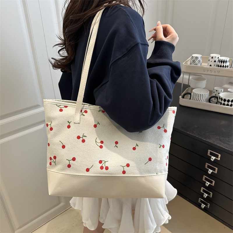 Cherry Print Large-Capacity Shoulder Tote Bag