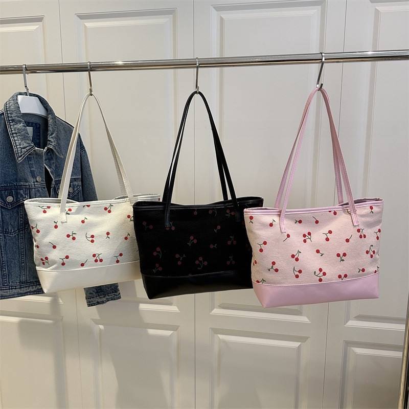 Cherry Print Large-Capacity Shoulder Tote Bag