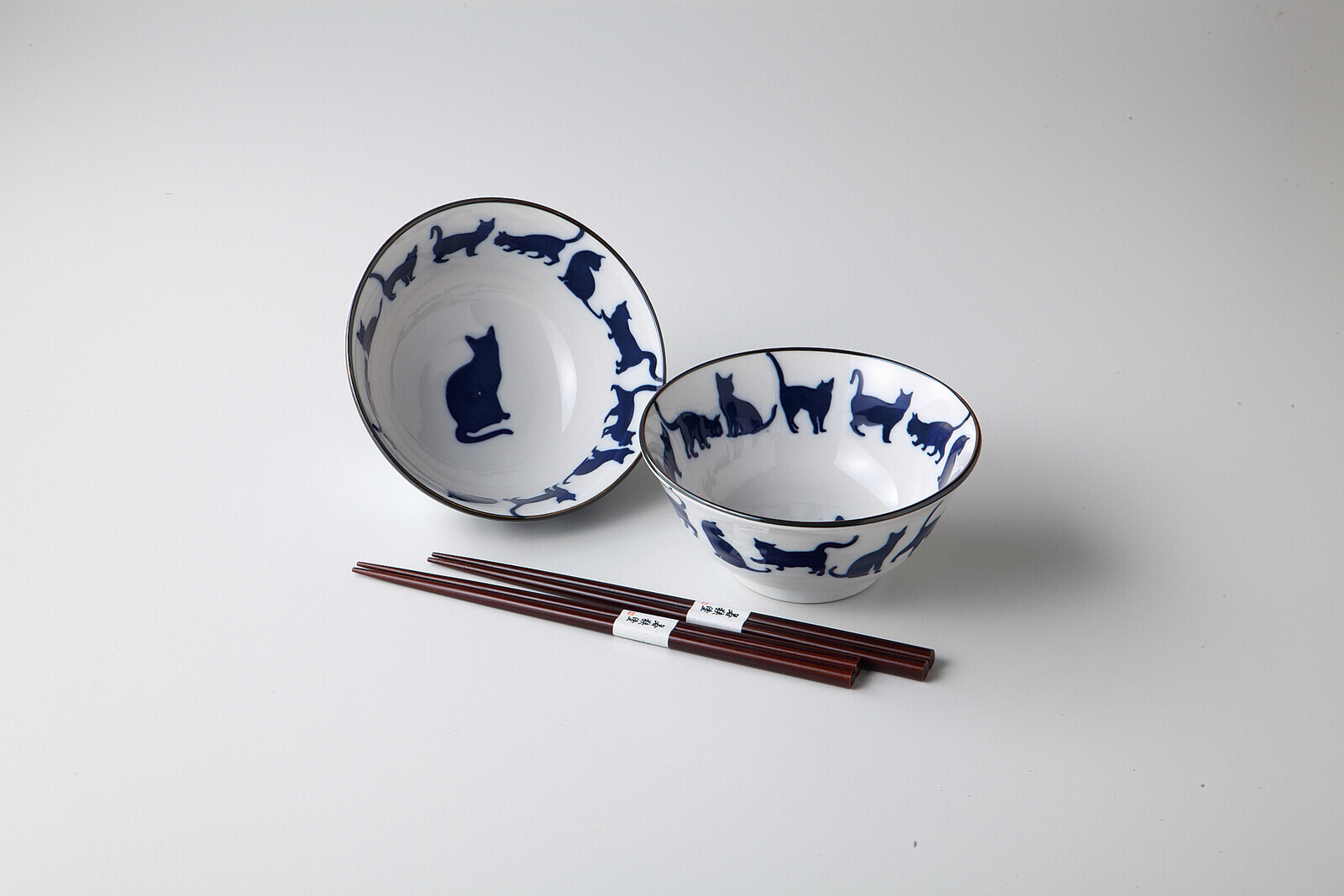 日本美濃燒剪影貓瓦碗連筷子套裝15CM (日本製)