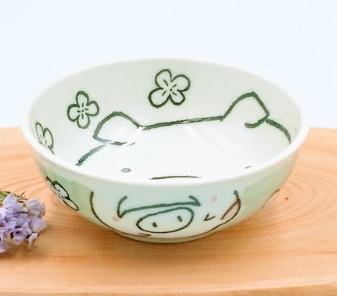 日式陶瓷花草瓦碗(豬仔) 13.2CM(高5.3CM) (日本製)