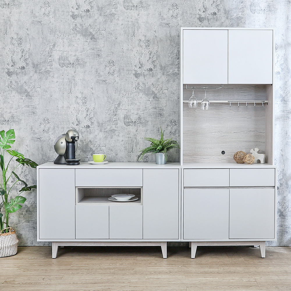 克萊妮6.7尺L型餐櫃組合(2.7尺收納高餐櫃+4尺碗盤置物矮櫃)