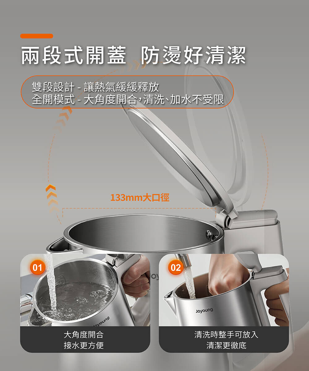【兩段式開蓋 防燙好清潔】雙段設計-讓熱氣緩緩釋放、全開模式-大角度開合,清洗、加水不受限。133mm大口徑:1.大角度開合,接水更方便。2.清洗時整手可放入,清潔更徹底。