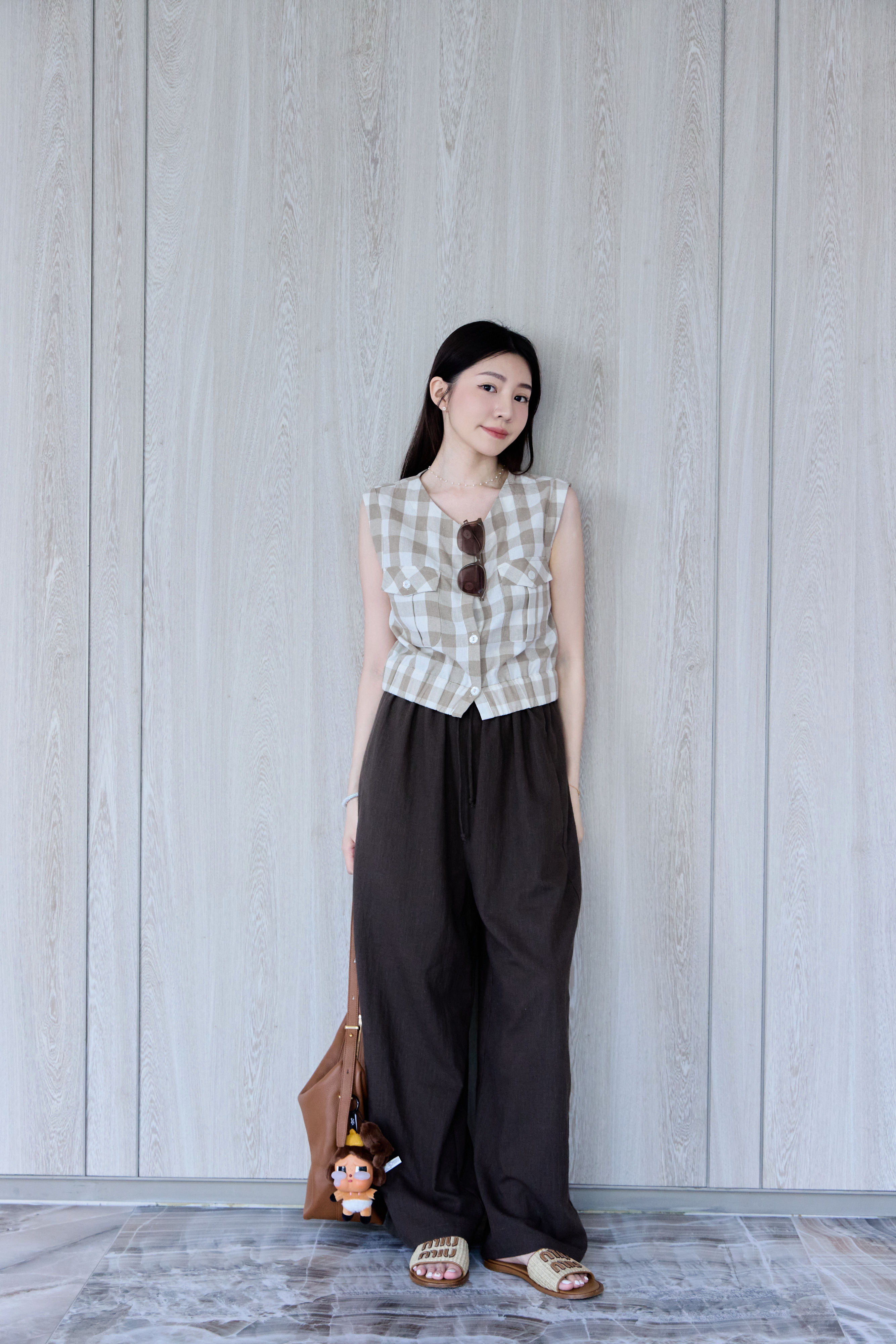 Gmade/竹節棉麻涼感抽繩寬褲-咖