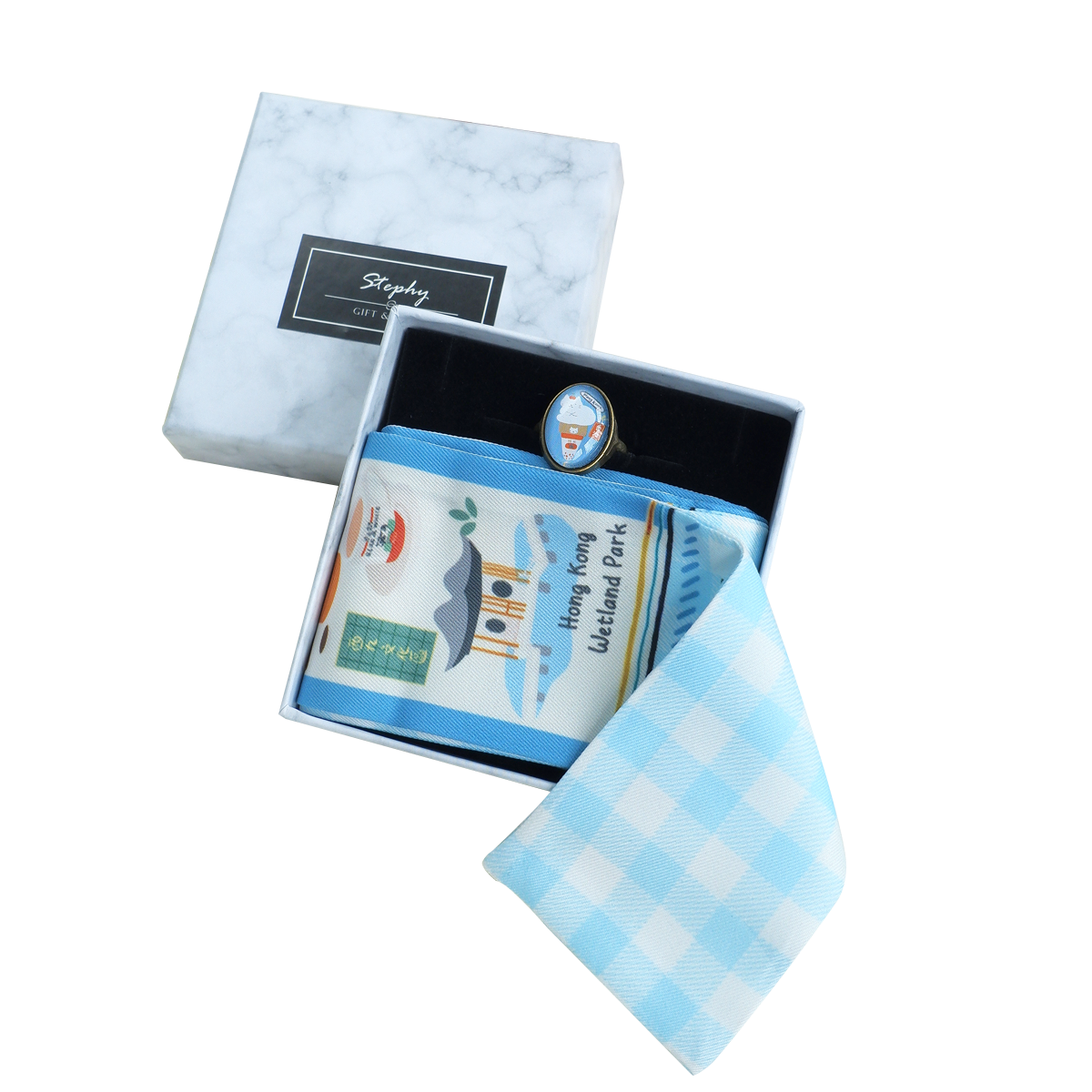 STEPHY 手繪香港地標長條圍巾配圍巾扣套裝(藍色)