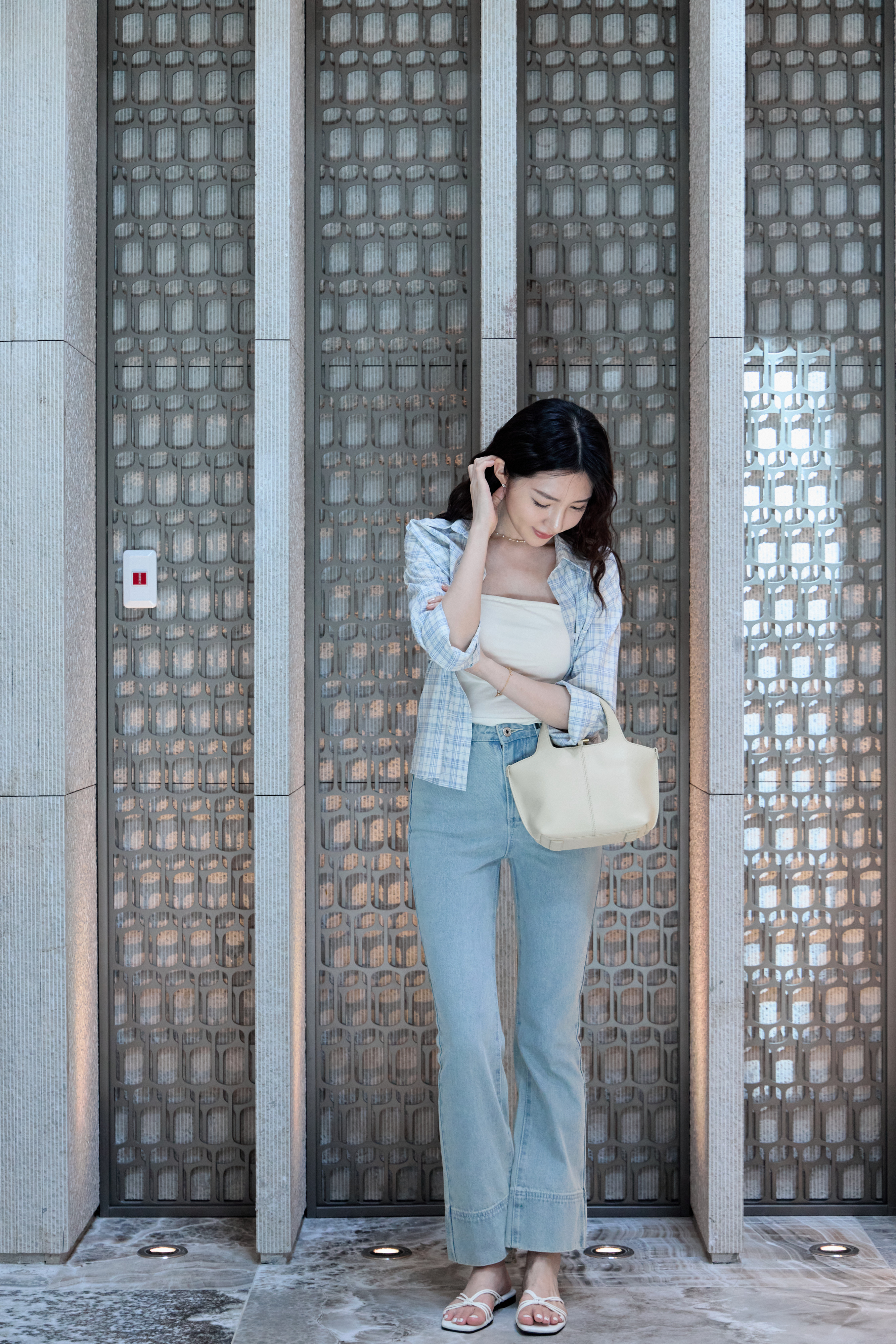 Gmade/寬反摺雙壓線直腿直筒褲-淺藍