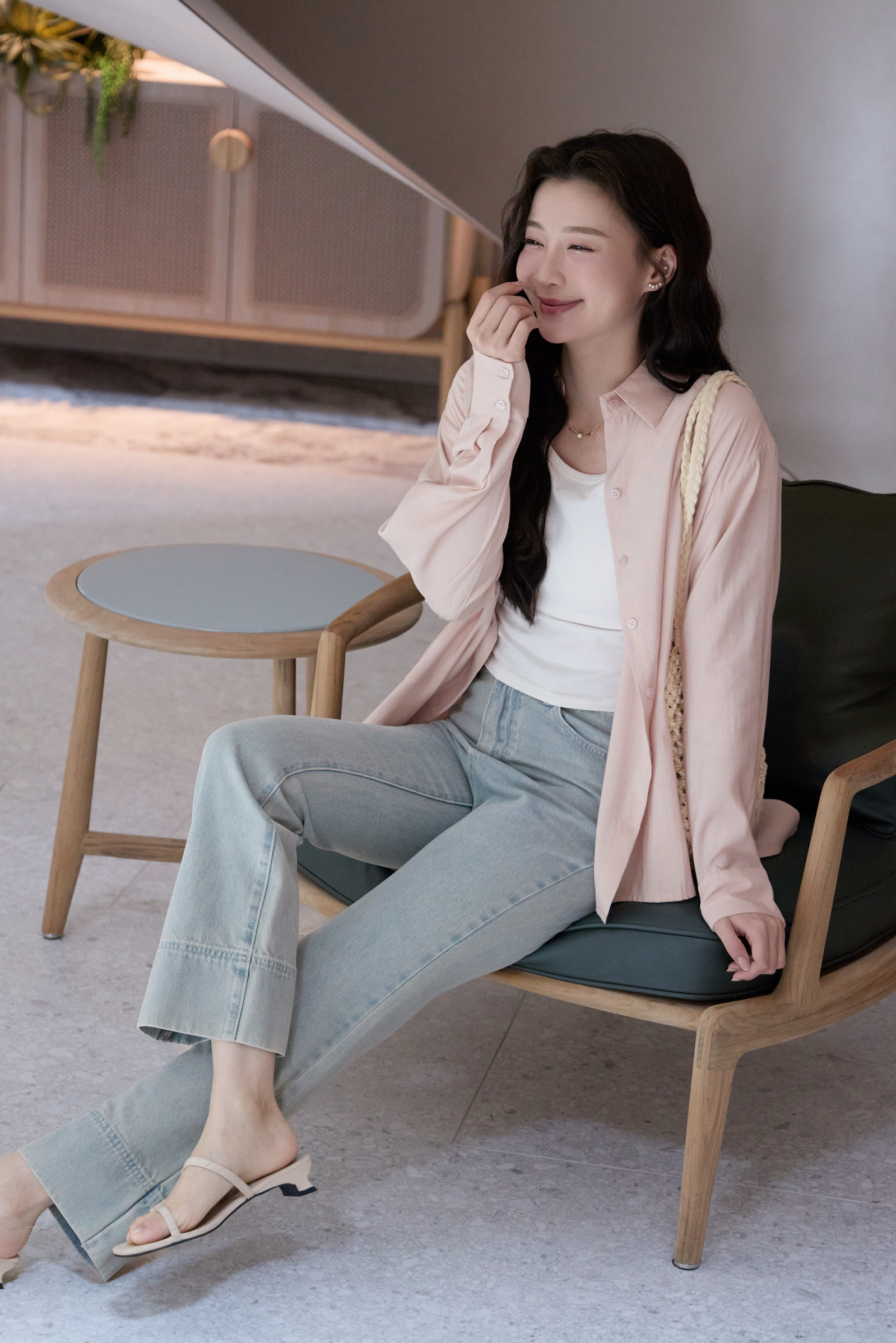 Gmade/寬反摺雙壓線直腿直筒褲-淺藍