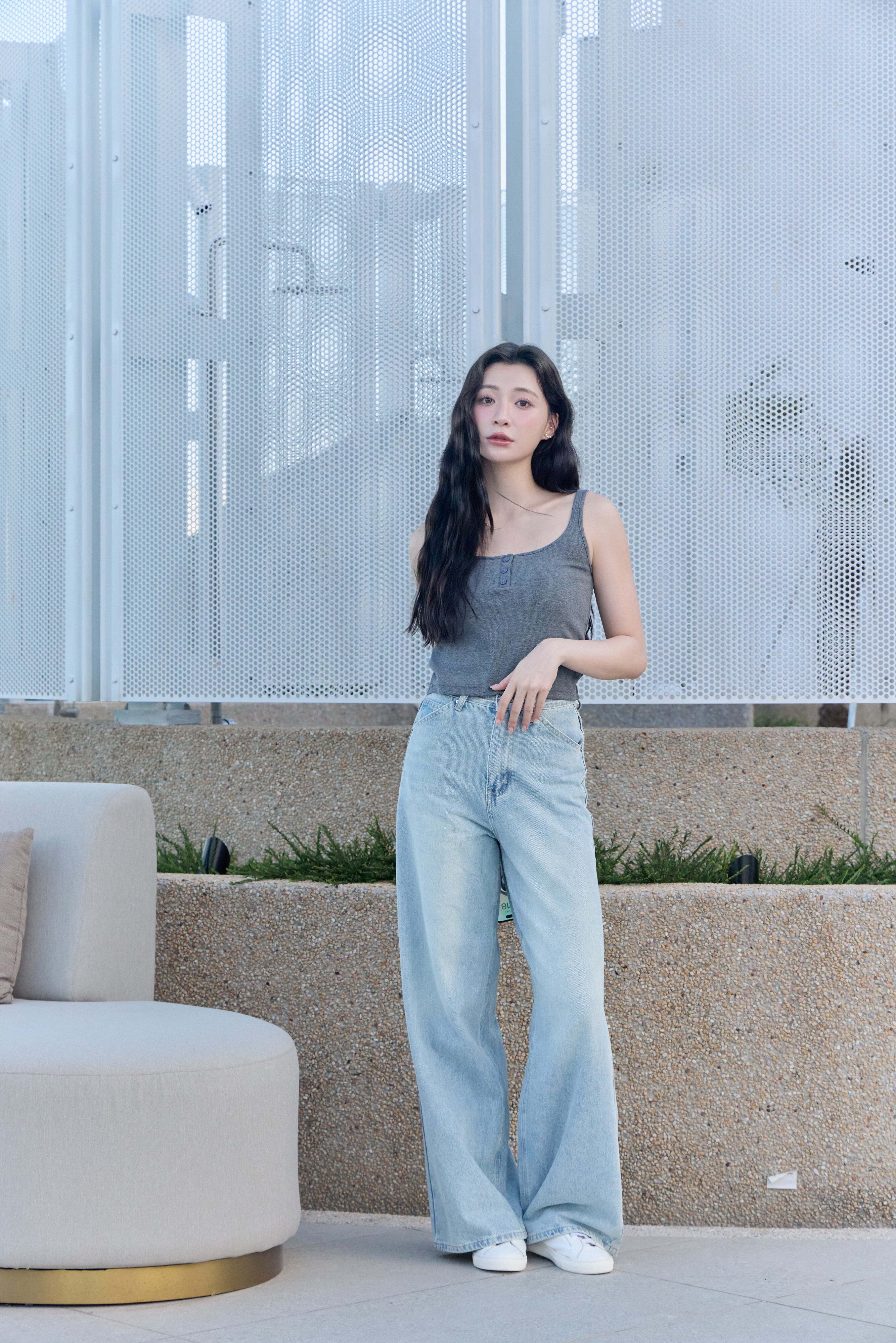 guten made/極高腰極長腿 A字牛仔寬褲-藍