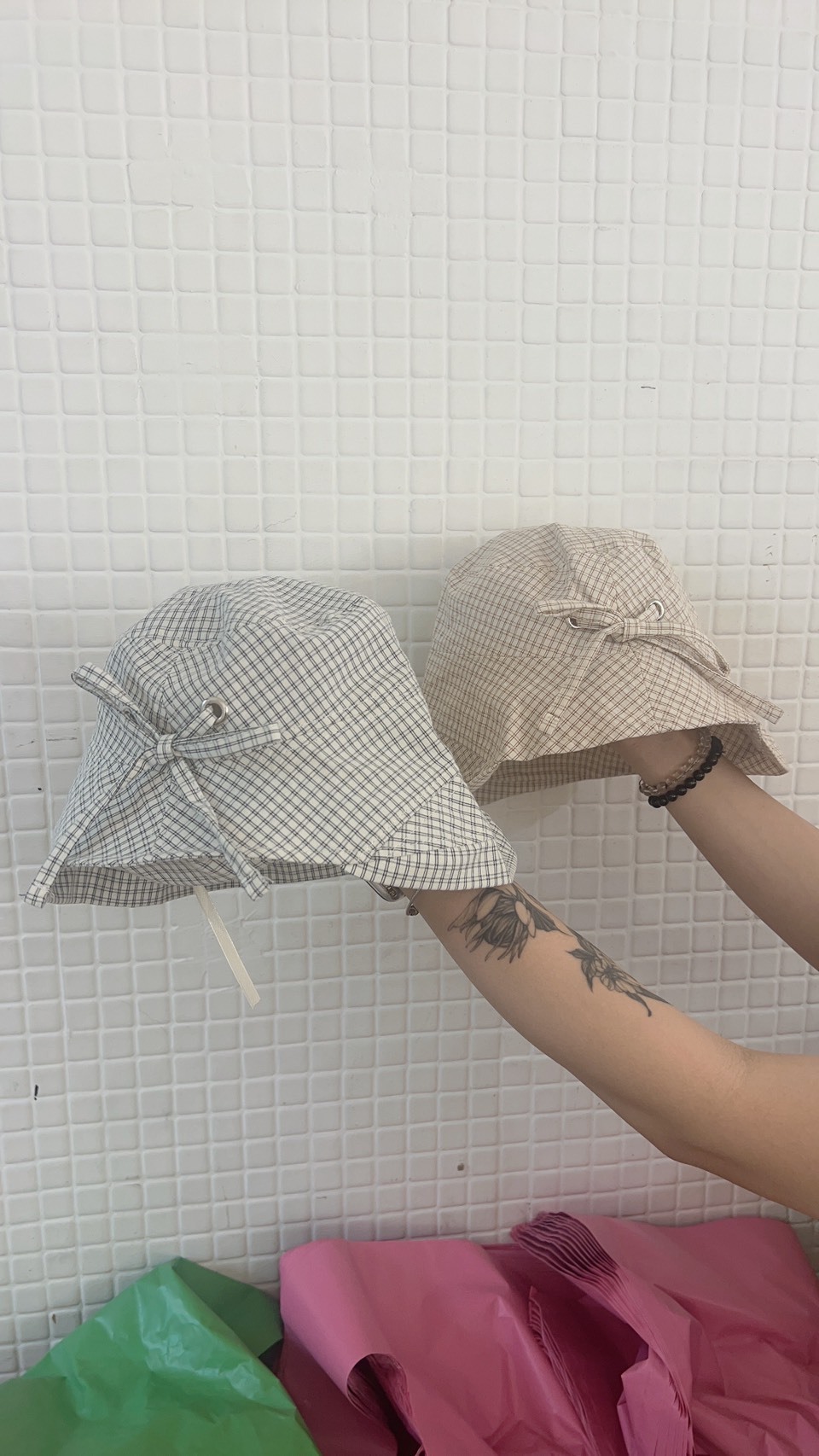 韓系女孩格紋漁夫帽