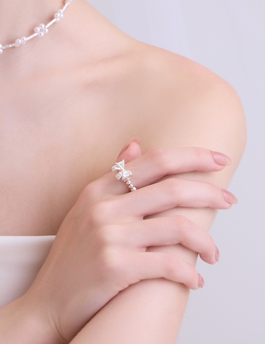 【925純銀】雙珠蝴蝶結彈性繩戒指