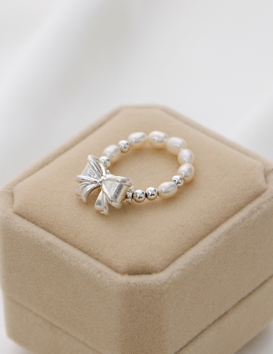 【925純銀】雙珠蝴蝶結彈性繩戒指