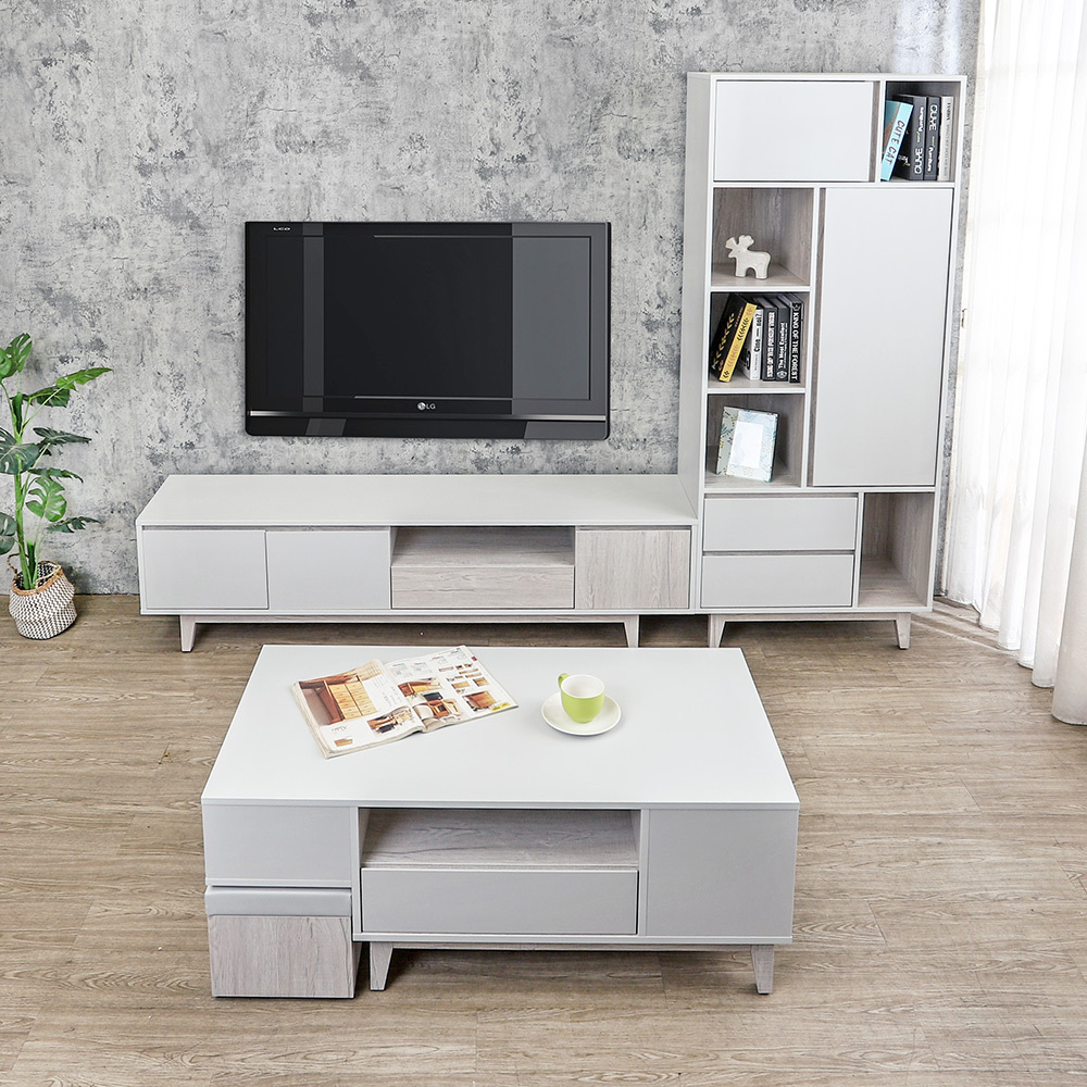 克萊妮客廳組合-三件組(2.6尺展示收納書櫃+6尺電視長櫃+4尺四抽大茶几)