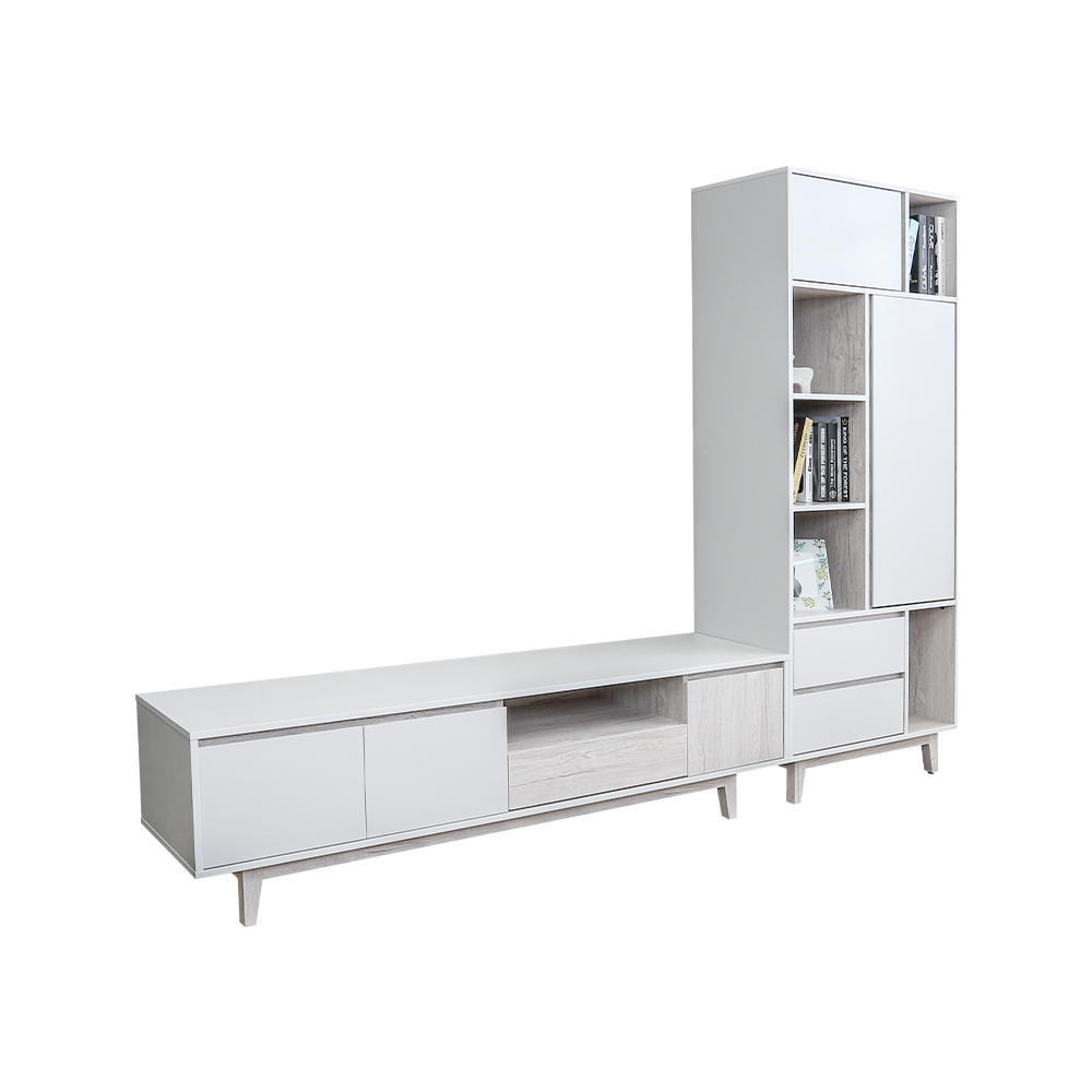 克萊妮8.7尺L型電視櫃組合(2.6尺展示收納書櫃+6尺電視長櫃)