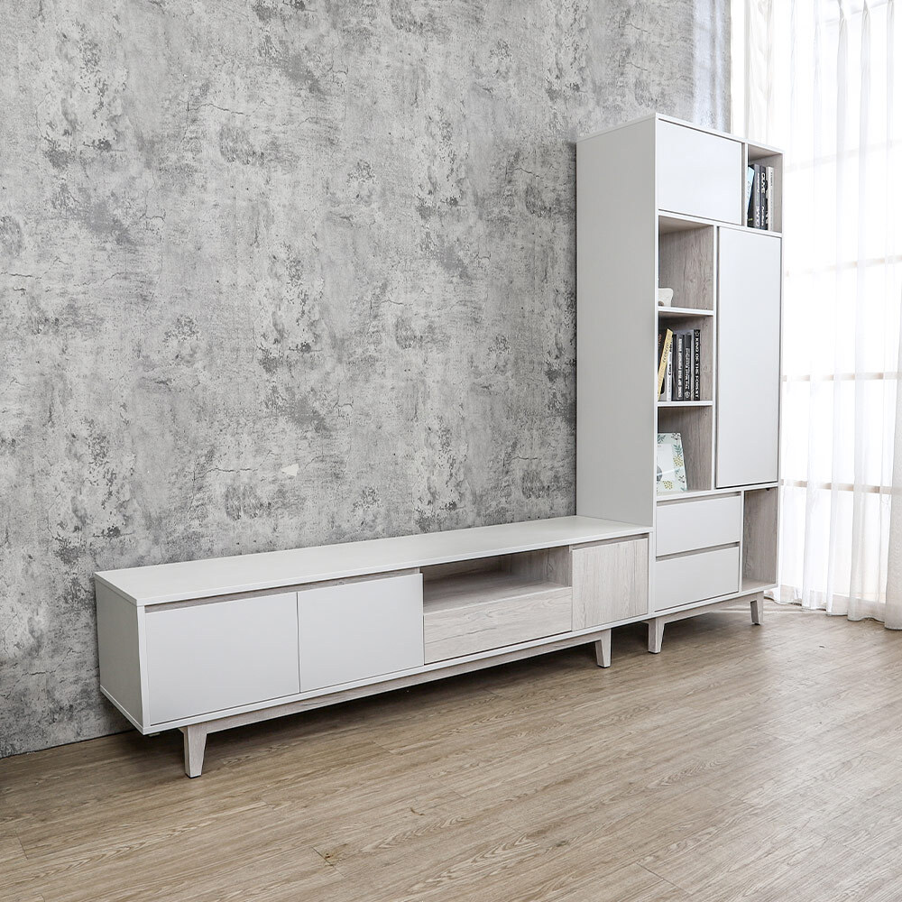 克萊妮8.7尺L型電視櫃組合(2.6尺展示收納書櫃+6尺電視長櫃)