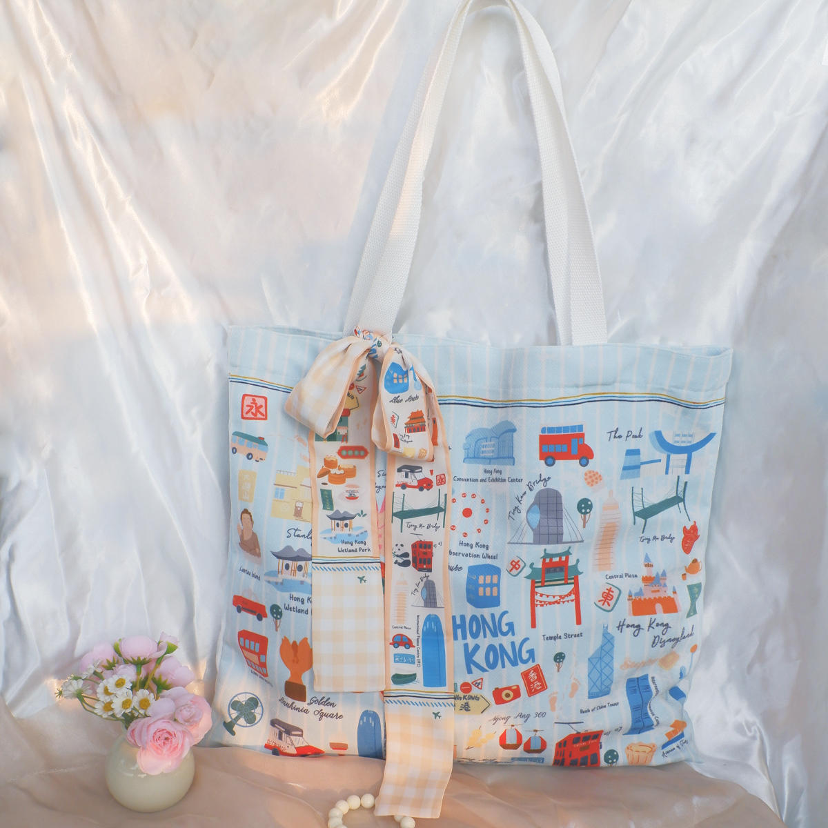 STEPHY 手繪香港地標橫版單肩包(中號)配長條圍巾