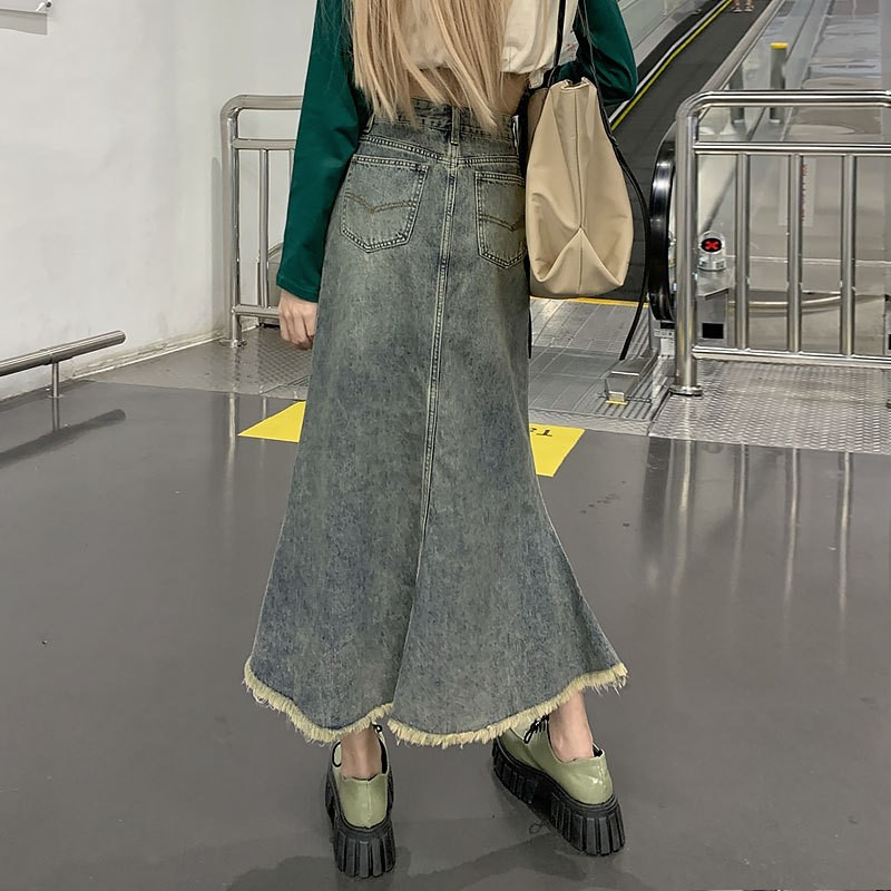 Vintage High-Waist Denim A-Line Mermaid Skirt