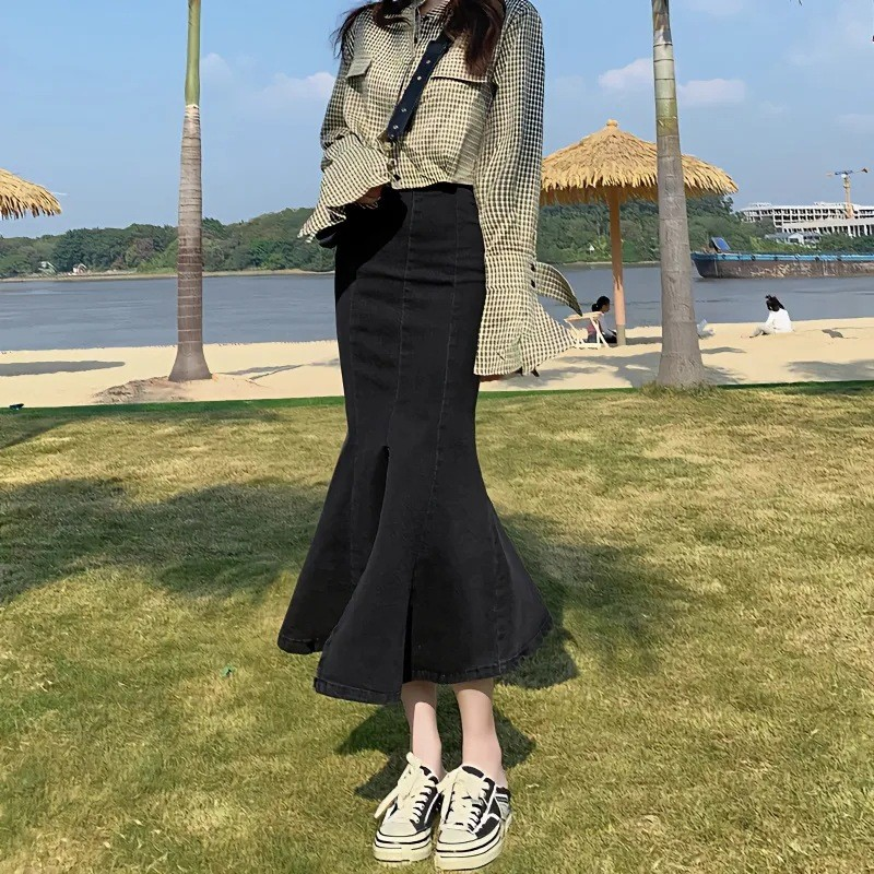 Vintage High-Waist Denim A-Line Mermaid Skirt