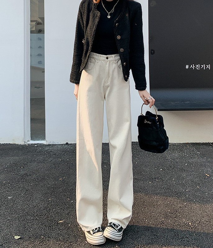High-Waist Cream Wide-Leg Draped Denim Pants