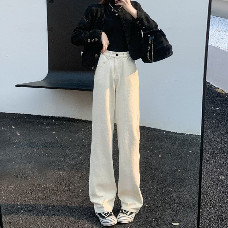 High-Waist Cream Wide-Leg Draped Denim Pants