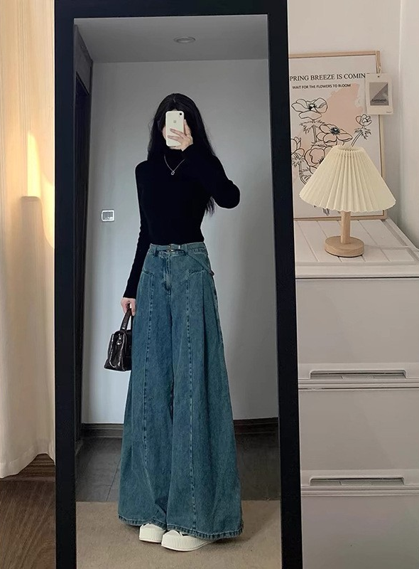 Vintage Wide-Leg Floor-Length Straight Denim Jeans