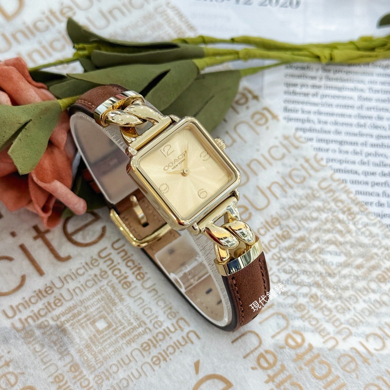 【COACH】方形金面皮革拼接鏈帶錶CO14504555  22mm 現代鐘錶