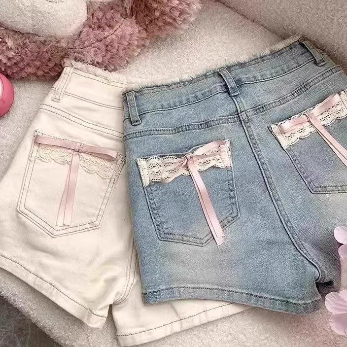 Lace Bow-Detail Denim Shorts