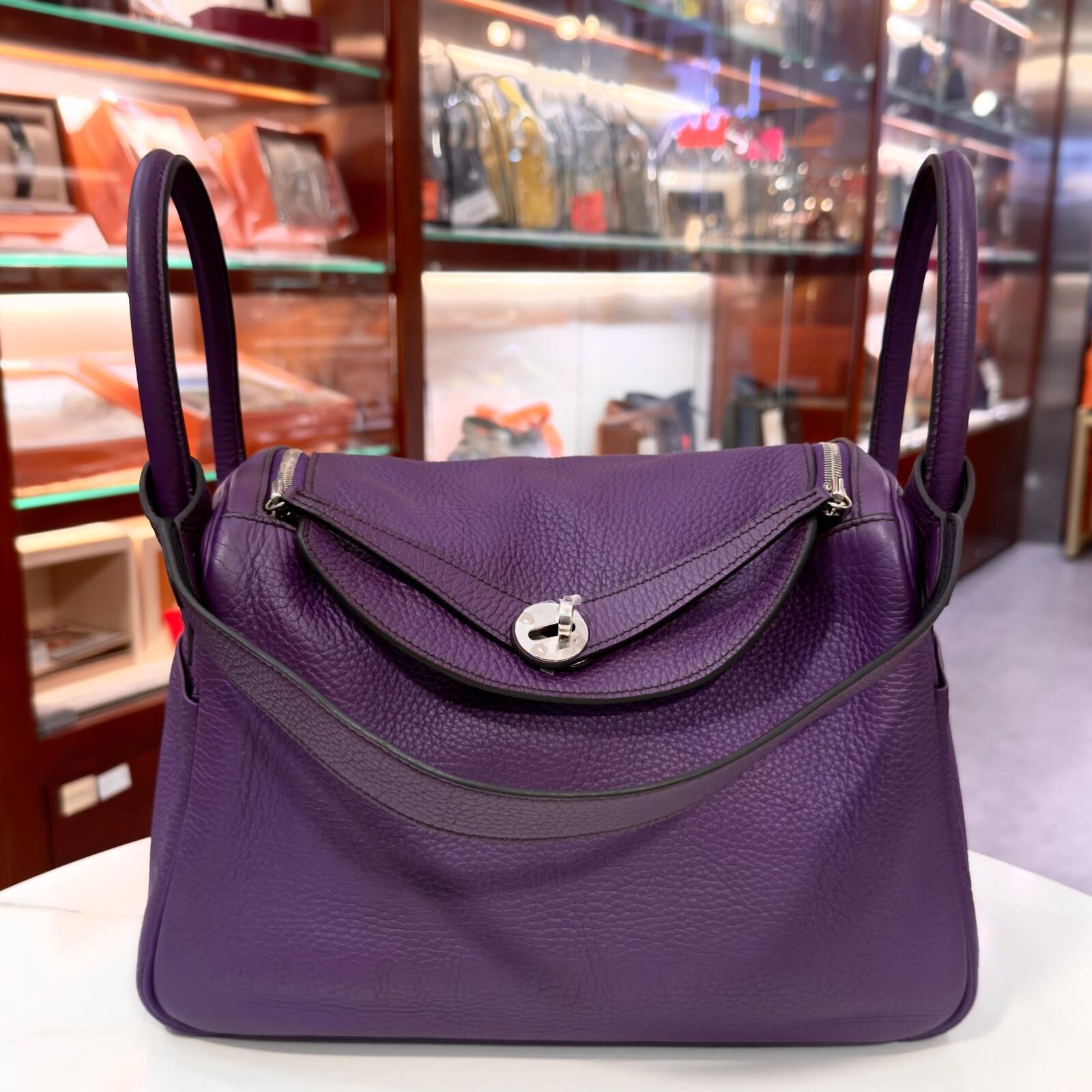 95%NEW二手HERMES LINDY 30 Q刻 鳶尾紫TC皮/銀扣 9K IRIS PHW #香榭站正品