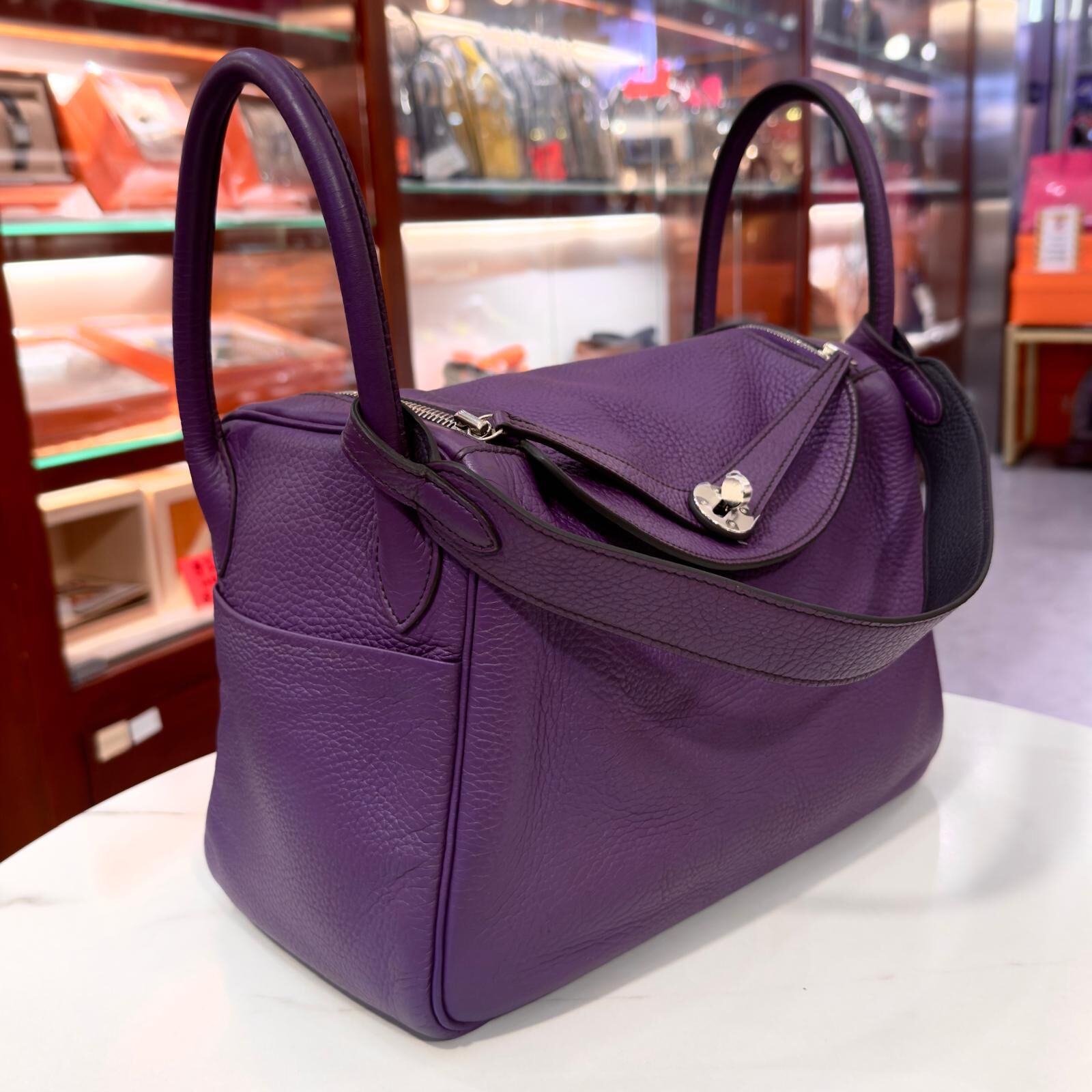95%NEW二手HERMES LINDY 30 Q刻 鳶尾紫TC皮/銀扣 9K IRIS PHW #香榭站正品