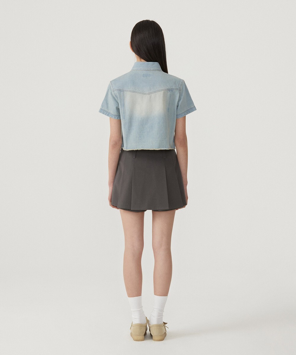 【OWN】Covernat Women 牛仔上衣 短版 修身 不修邊 女款 牛仔襯衫 短袖上衣 CO2502SS77LB