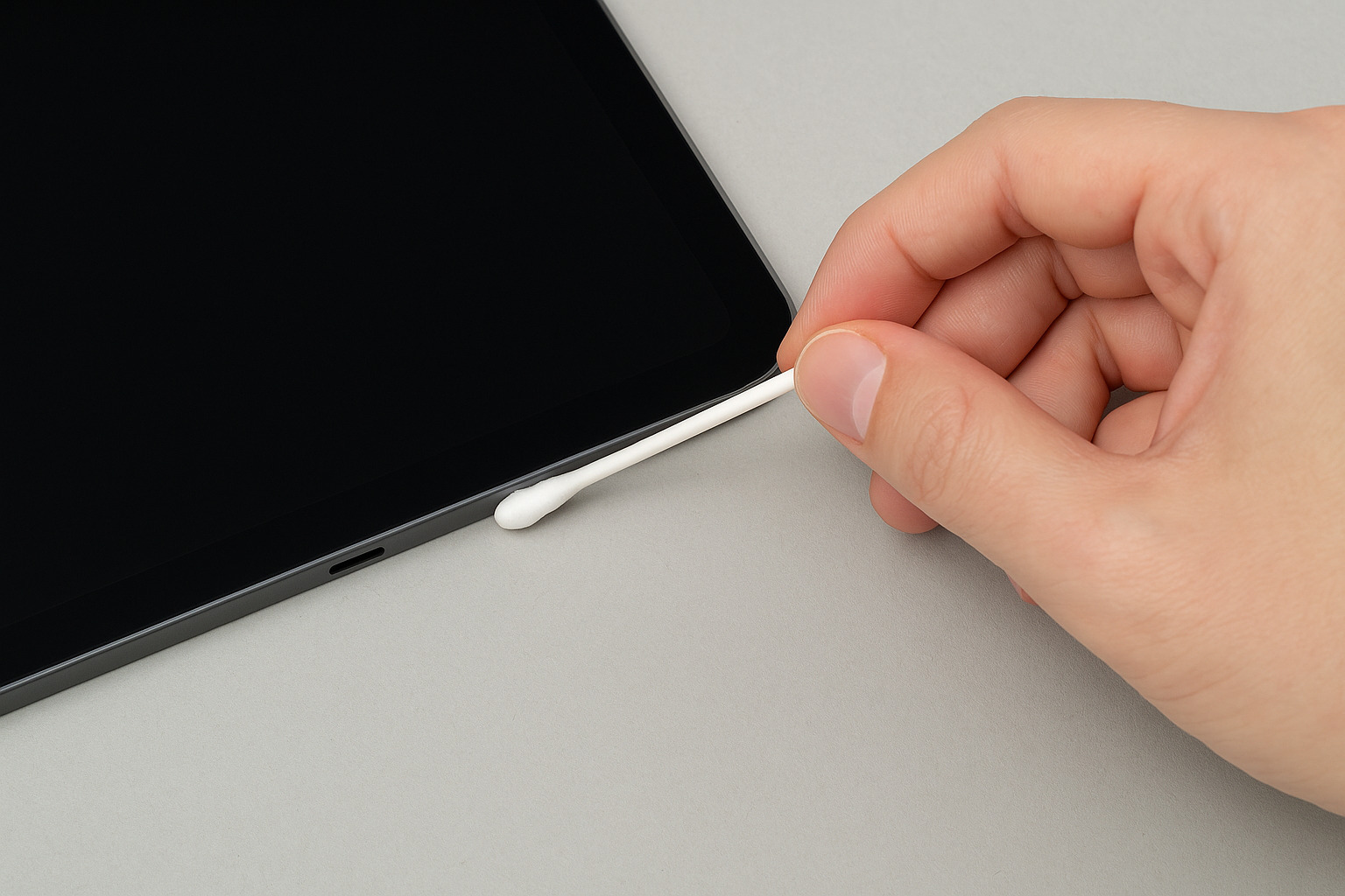 手持棉花棒清潔 iPad 充電孔的過程