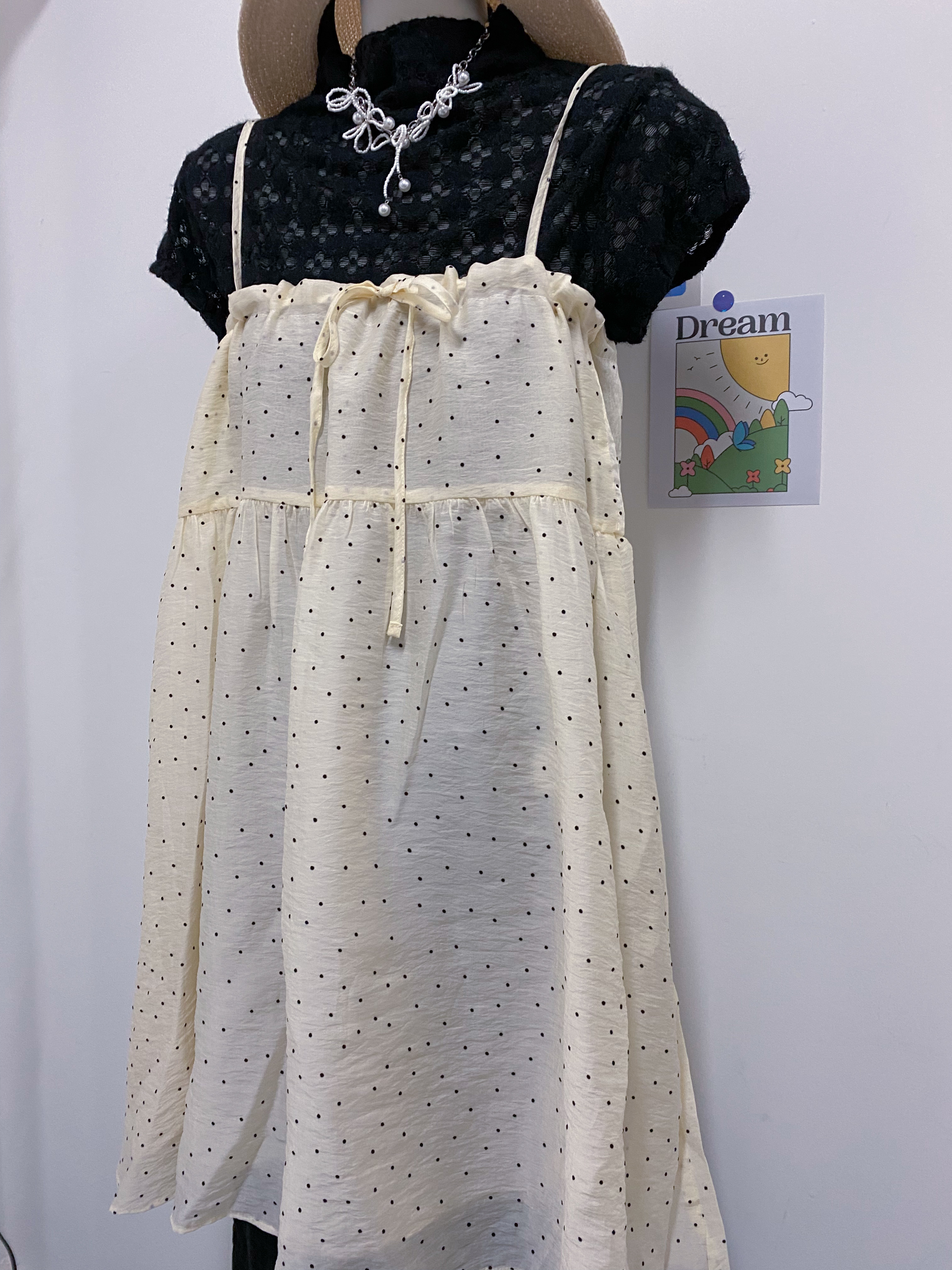 波波點米色吊帶OPS