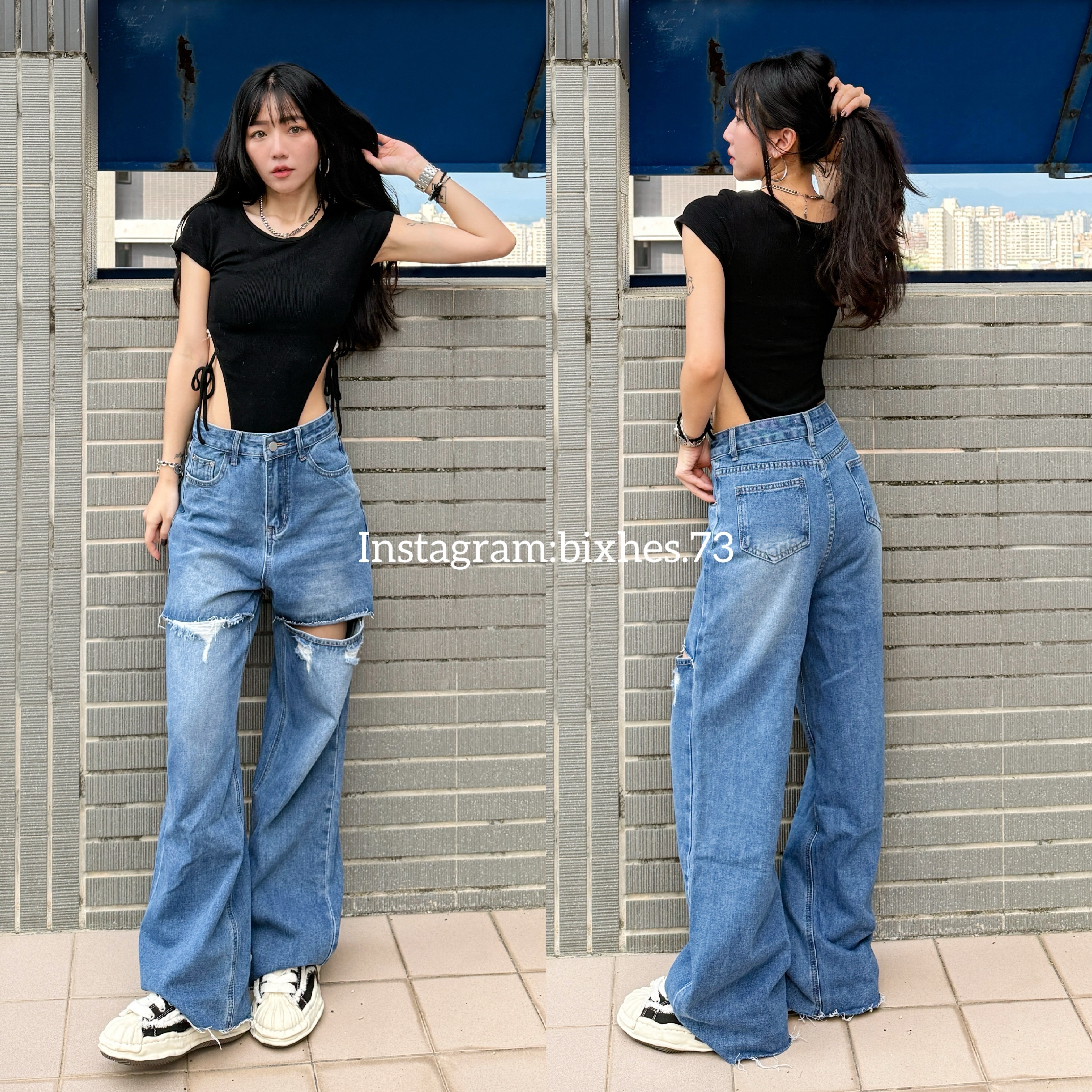 毛邊雙割破寬版牛仔褲(E00044)