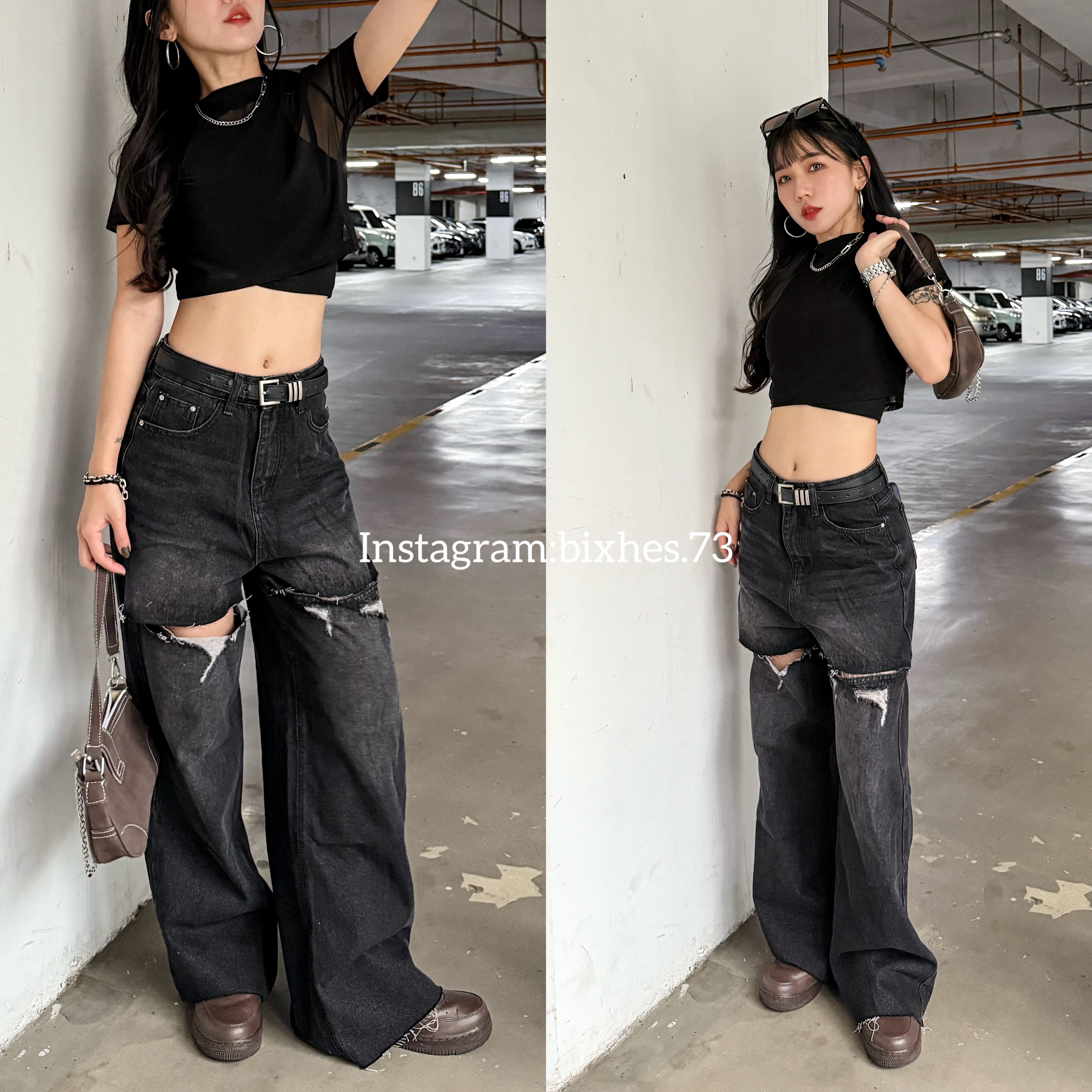 毛邊雙割破寬版牛仔褲(E00044)