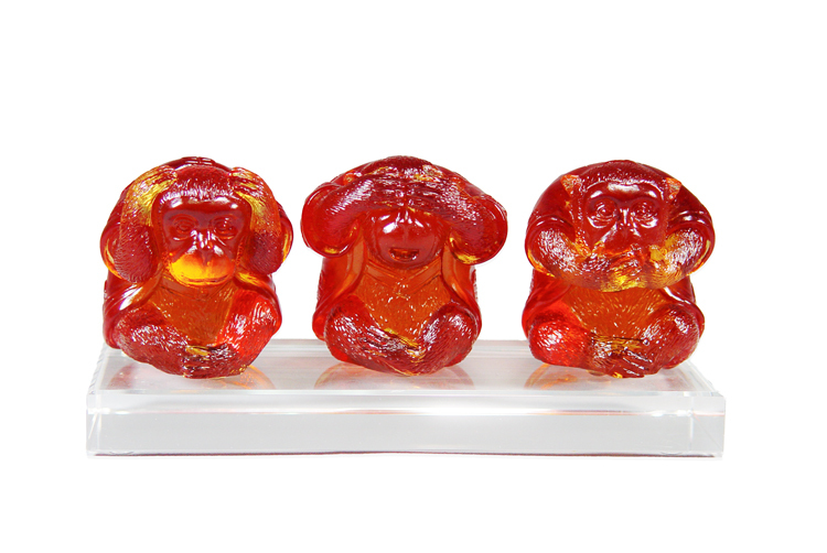 鹿港窯禮品館 居家開運琉璃-三非引福(勿聽、勿看、勿言)含水晶底座