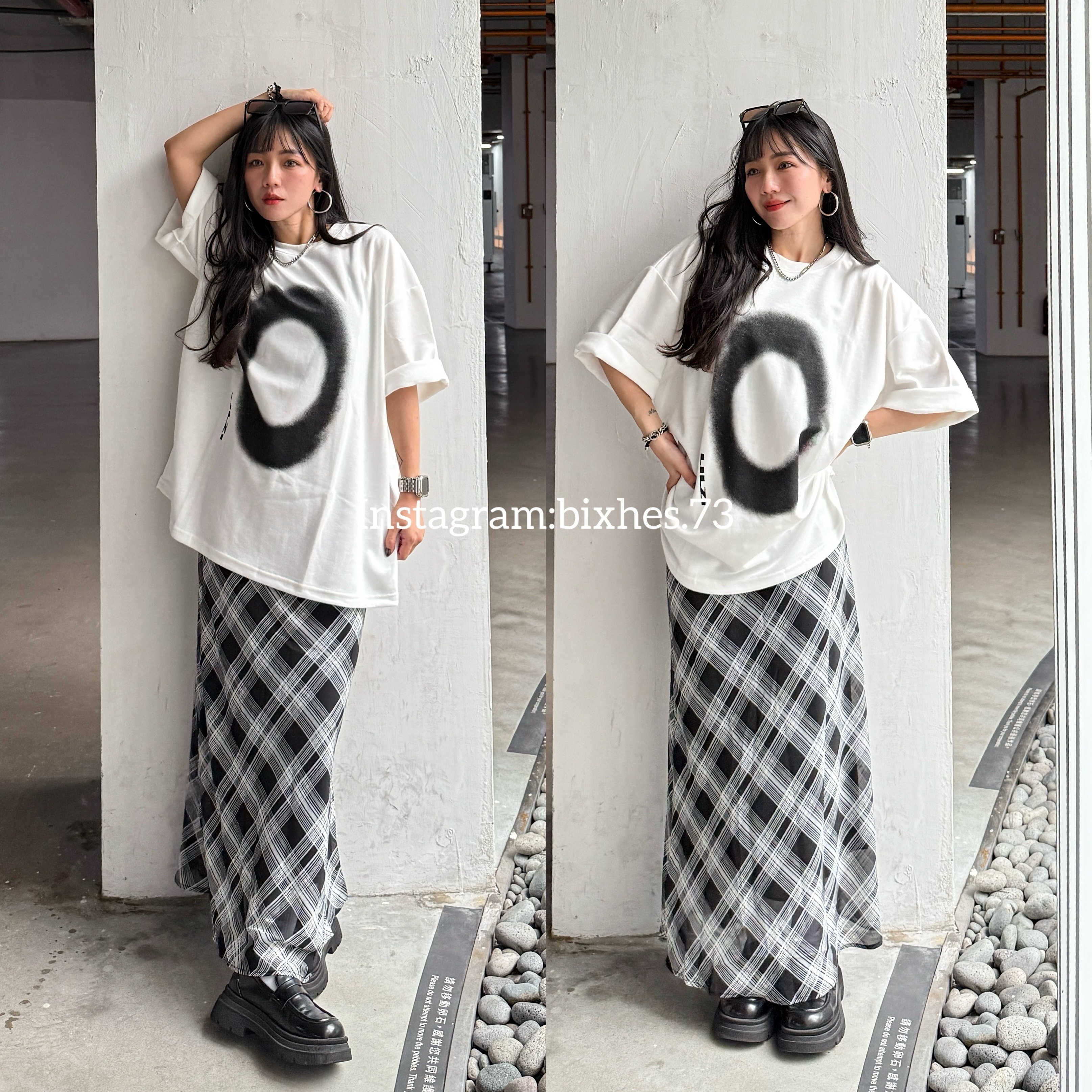 格紋鬆緊腰飄飄長裙(D00007)