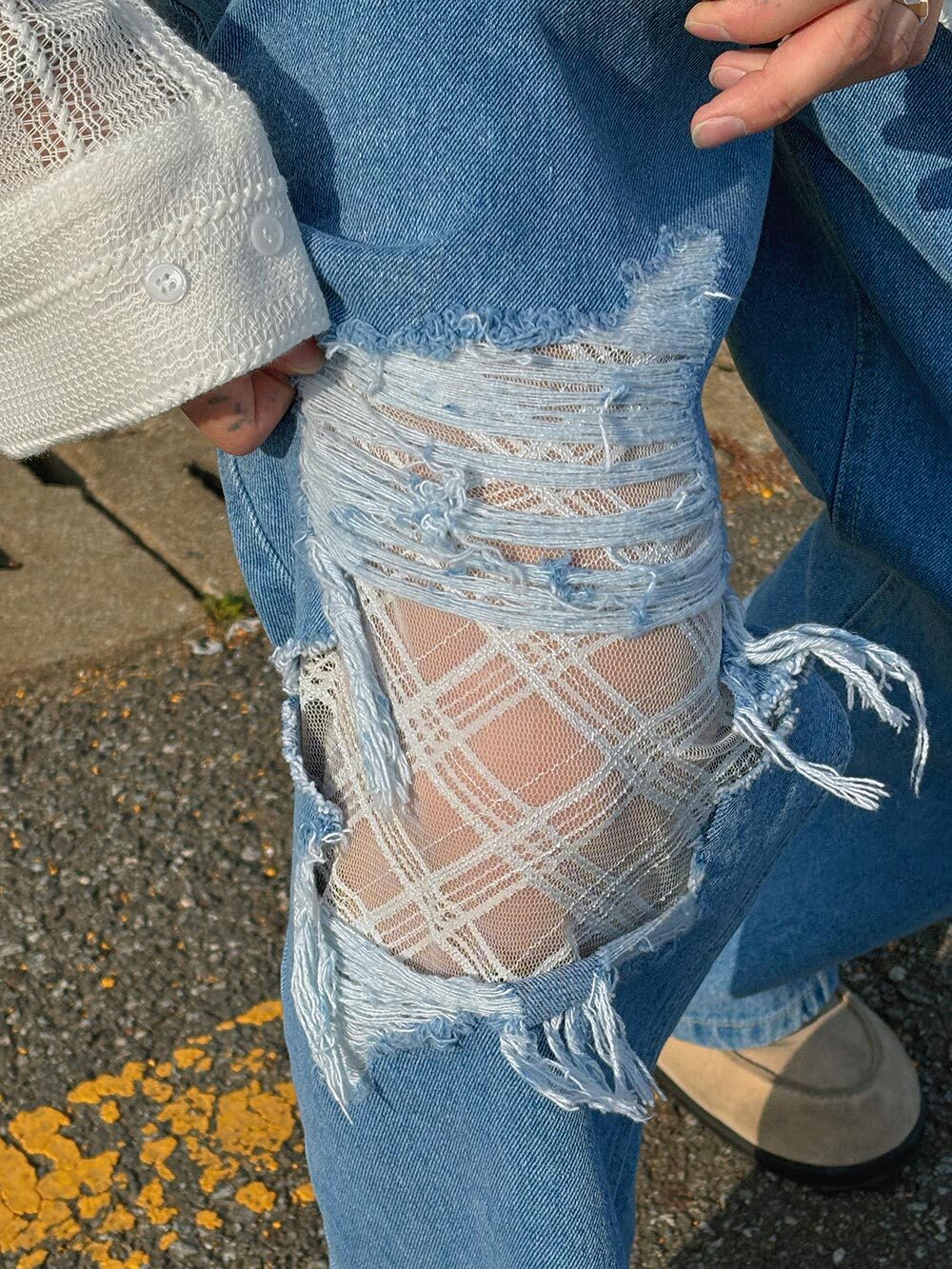 (韓國獨家特價)Mori蕾絲補丁牛仔褲