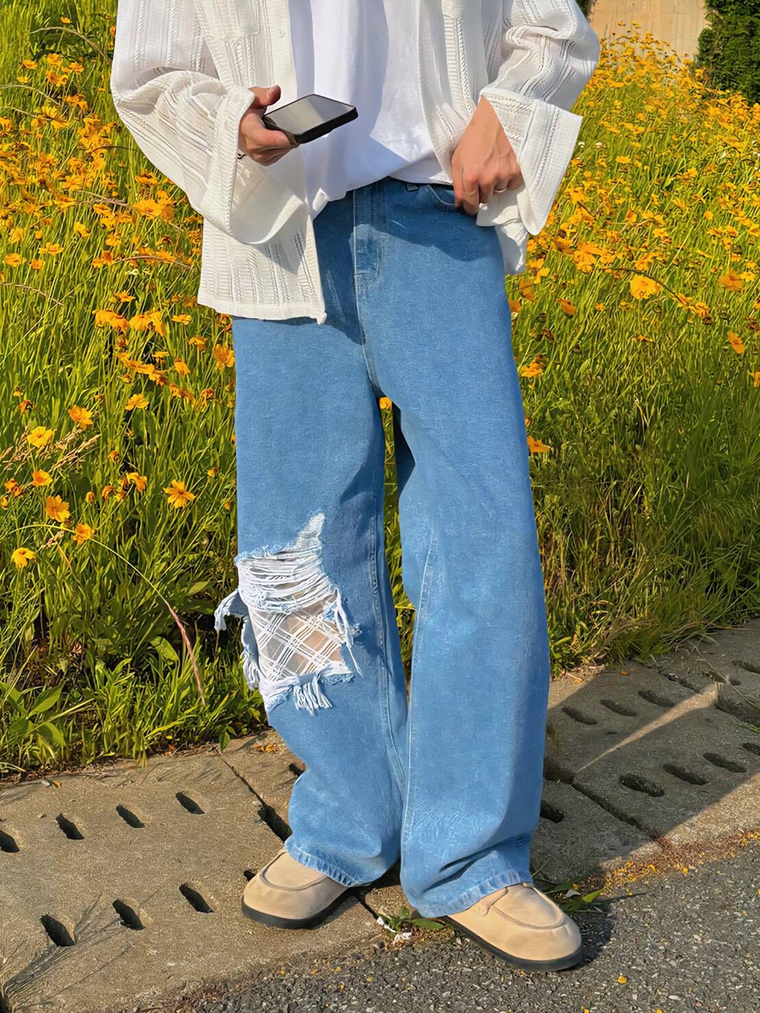 (韓國獨家特價)Mori蕾絲補丁牛仔褲