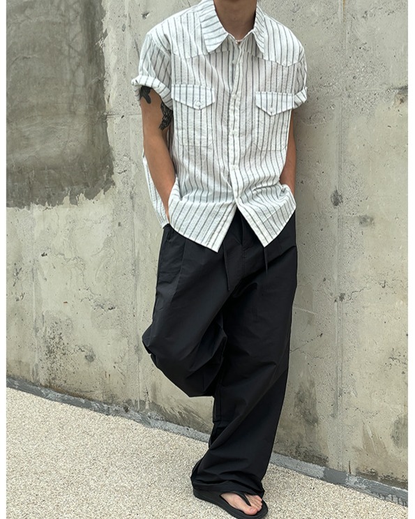 雙褶繩帶休閒褲