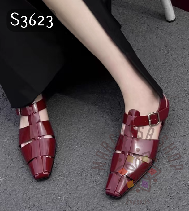 S3623 - 頭層羊皮粗帶編織低踭涼鞋