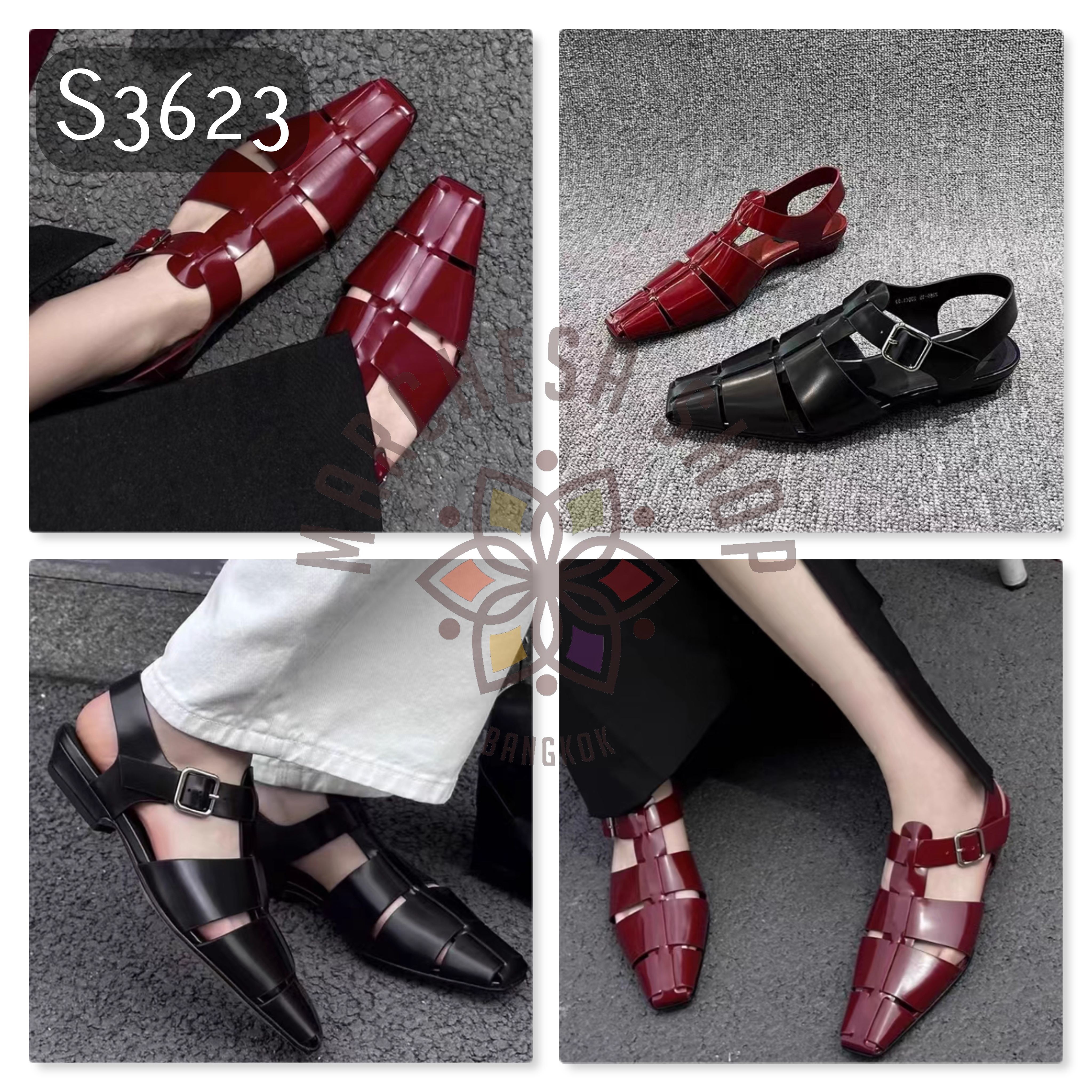 S3623 - 頭層羊皮粗帶編織低踭涼鞋