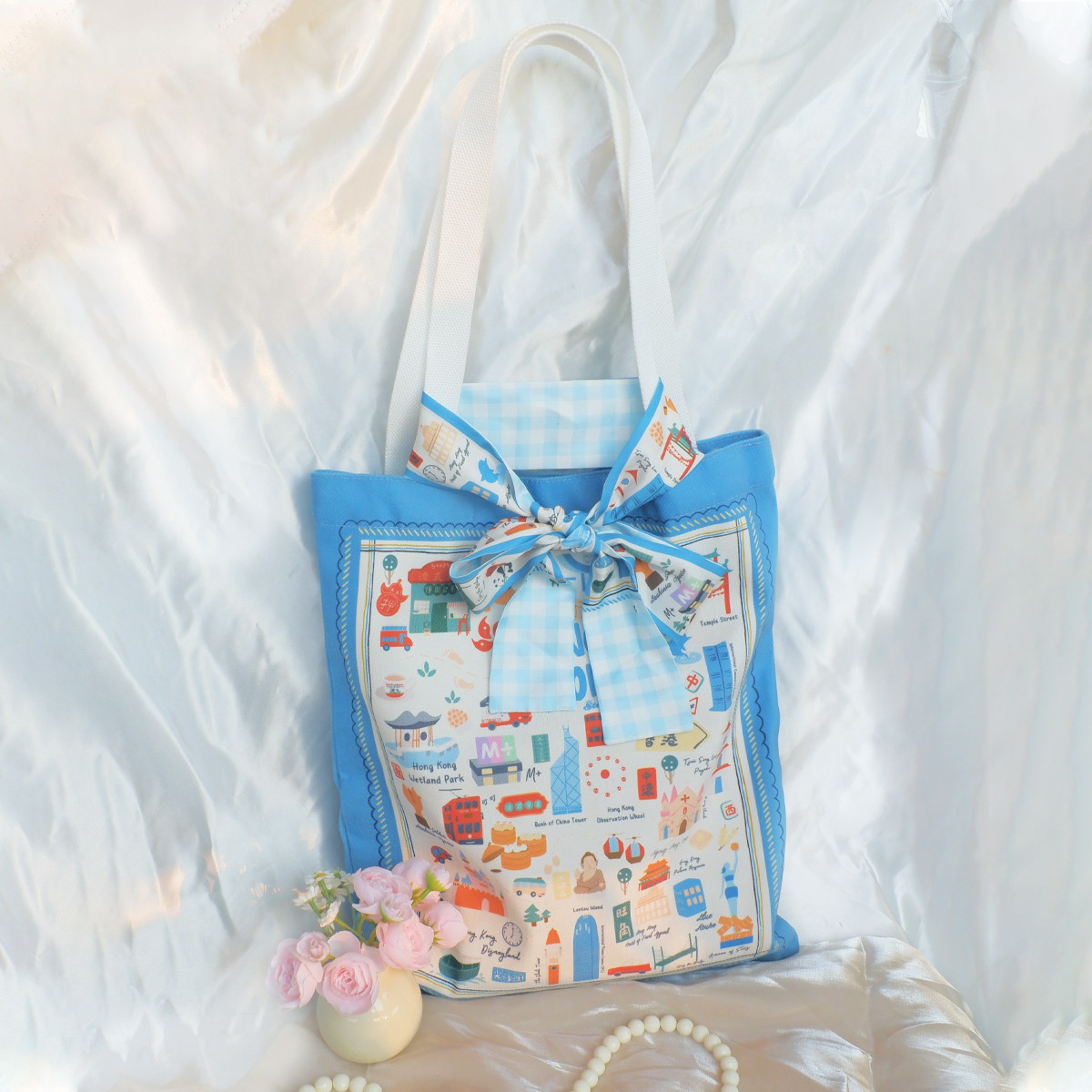 STEPHY 手繪香港地標豎款托特包(中號)配長條圍巾