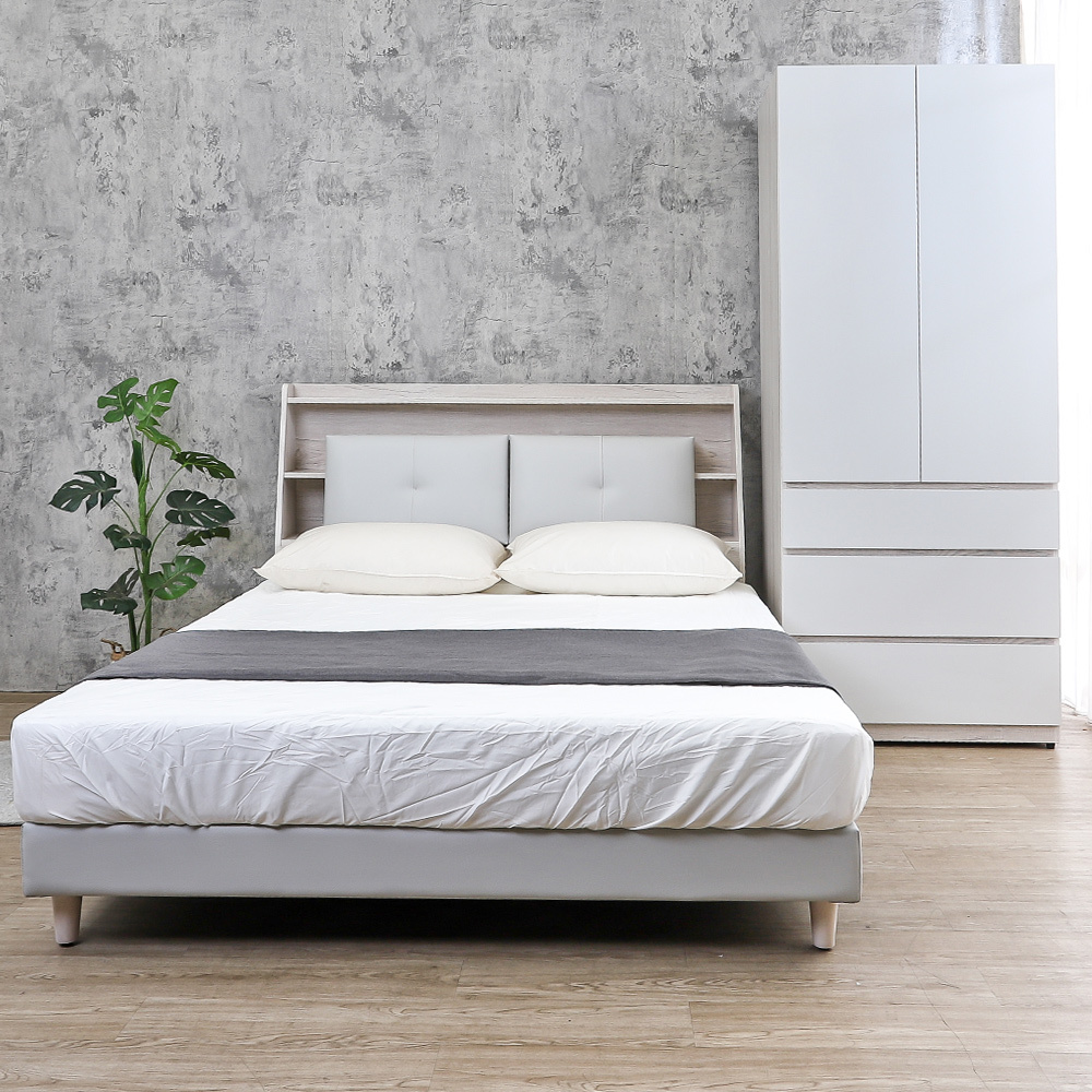 克萊妮5尺雙人床房間組-三件組(LED夜燈/USB插座收納床頭箱+耐磨貓抓皮革床底+2.7尺二門三抽衣櫃)