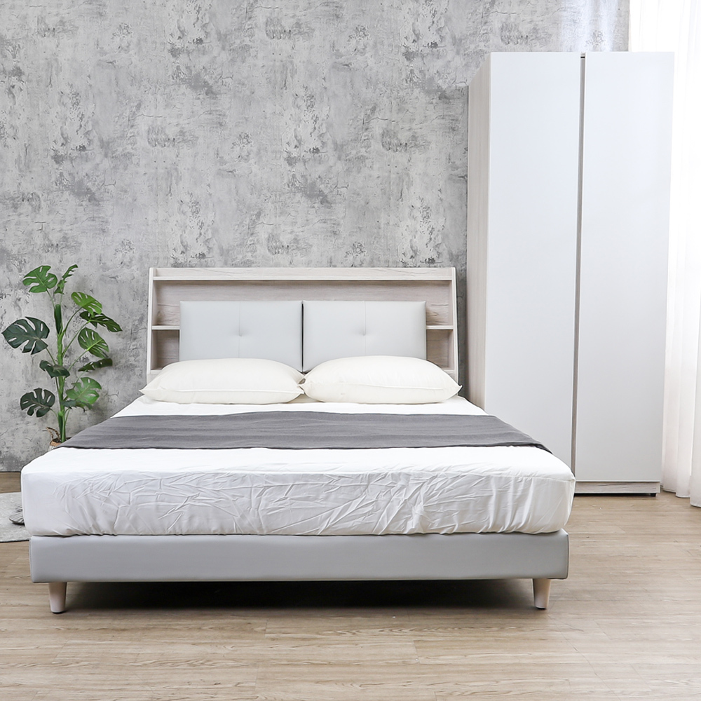 克萊妮5尺雙人床房間組-三件組(LED夜燈/USB插座收納床頭箱+耐磨貓抓皮革床底+2.7尺二門衣櫃)