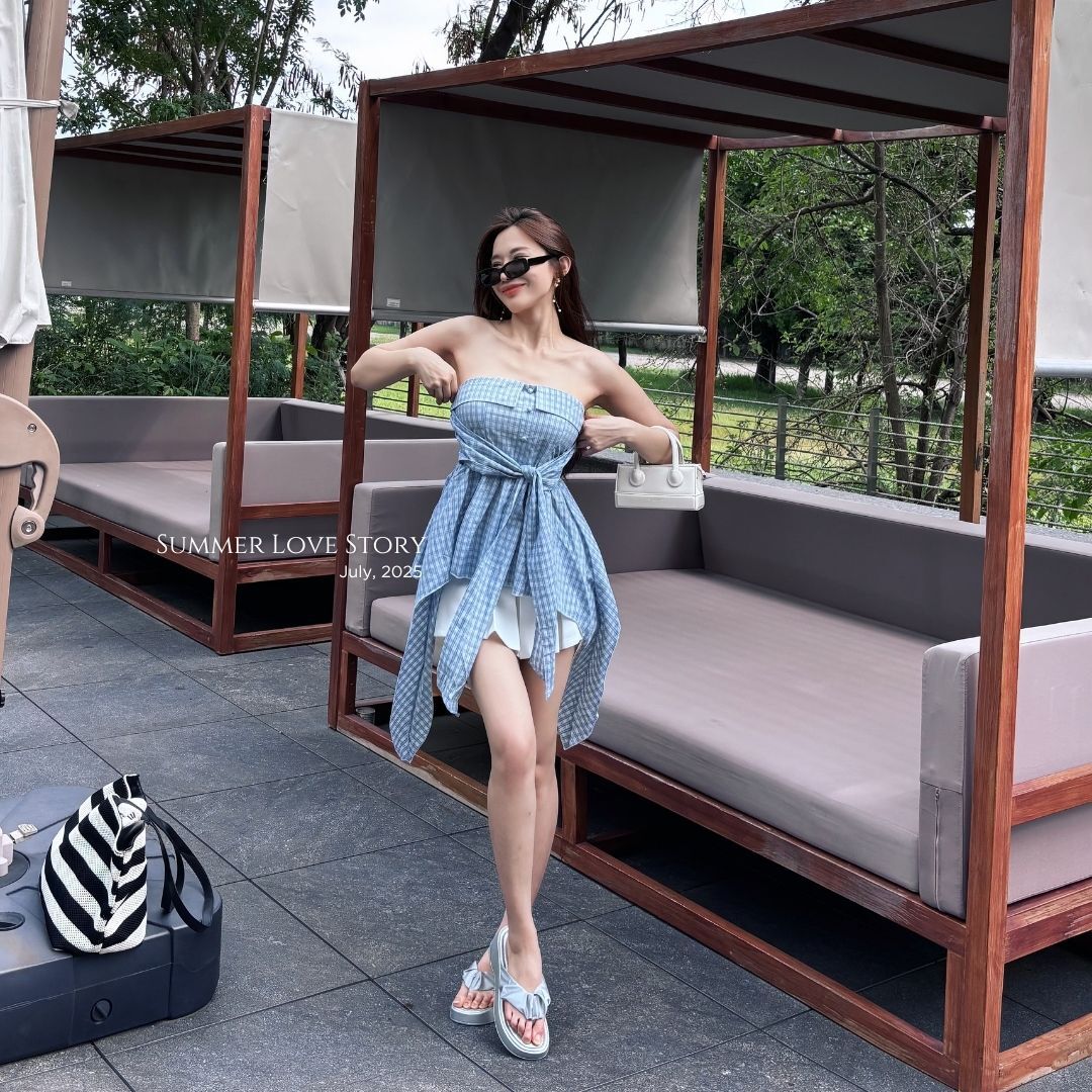 【夏日主角上衣】DOMISS格紋不規則平口 甜辣女孩度假造型首選(現貨)