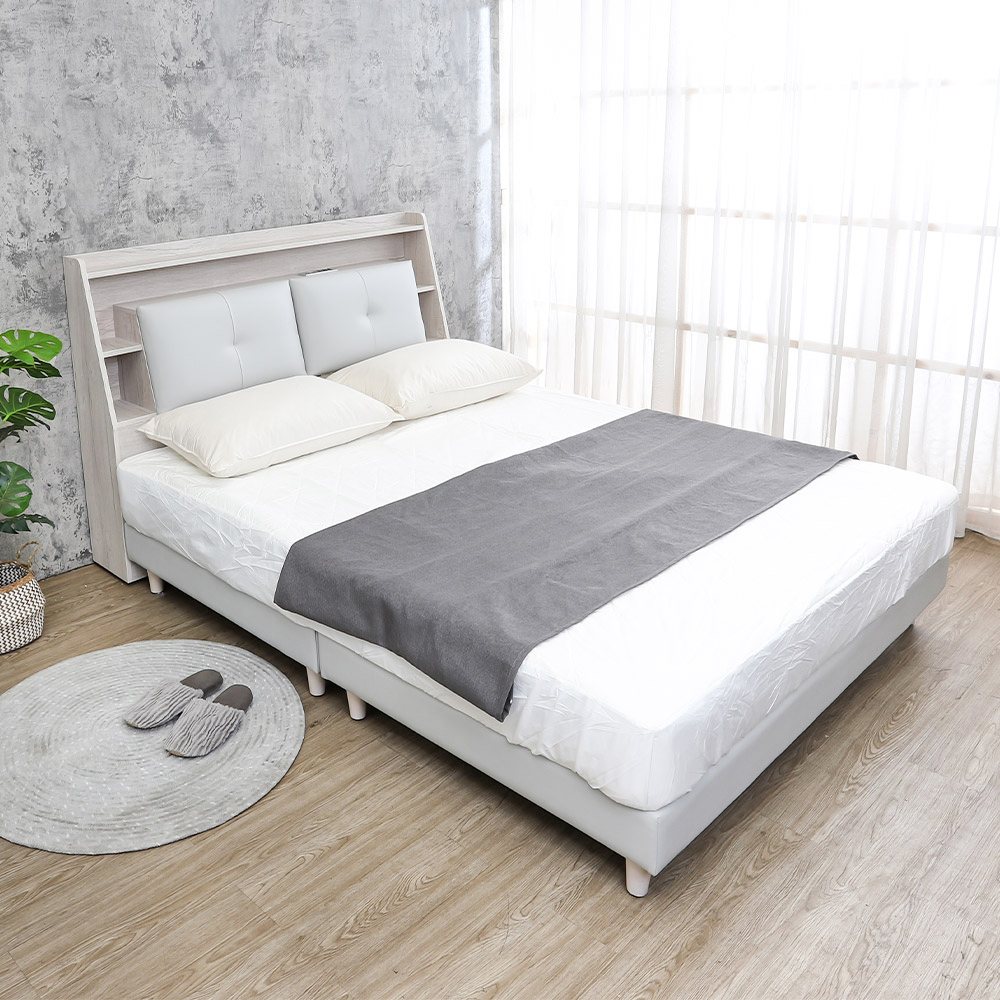 克萊妮5尺雙人床組(附LED夜燈+USB插座收納床頭箱+耐磨貓抓皮革床底-不含床墊)