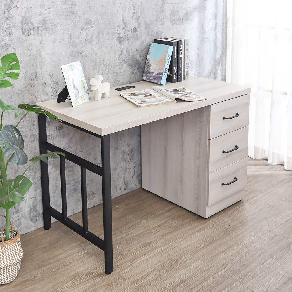 奧本工業風4尺三抽書桌/工作桌(附USB插座-三色可選)