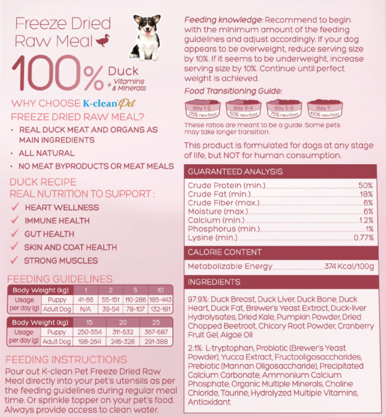 新品上架 - K-clean Pet 全鴨生肉凍乾 (狗糧) 300g