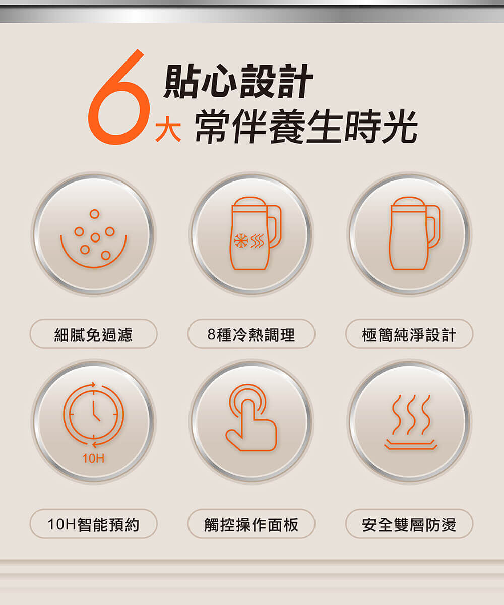 【6大貼心設計 常伴養生時光】1.細膩免過濾 2.八種冷熱調理 3.極簡純淨設計 4. 10H智能預約 5.觸控面板操作 6.安全雙層防燙