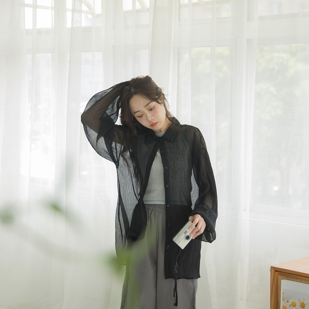 Wrinkled design chiffon see-through shirt, four colors for sale【01025534】in stock+pre-order